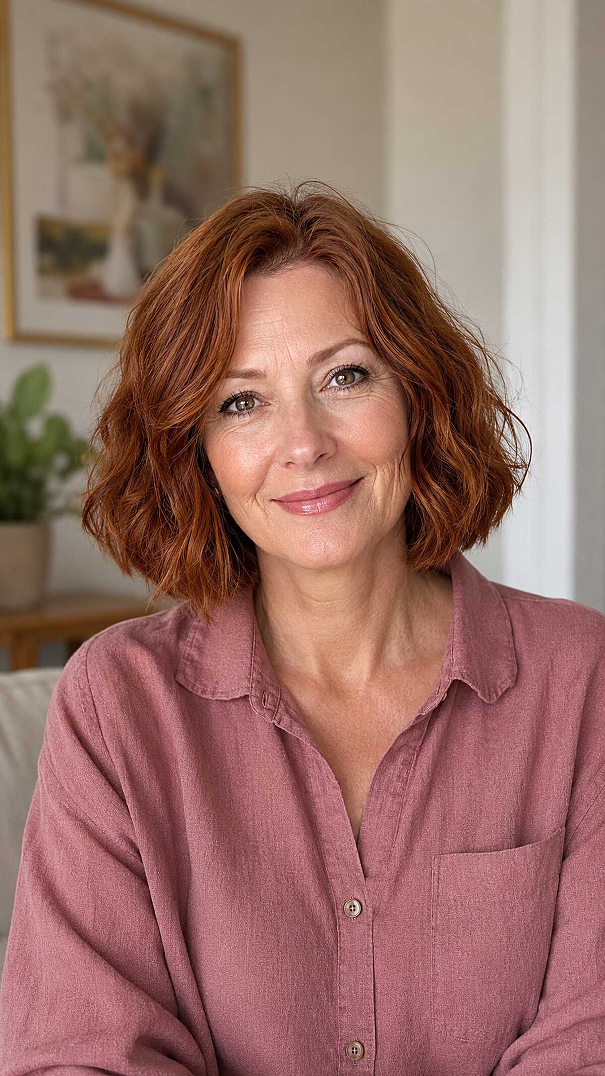 Copper red wavy bob with relaxed tousled texture