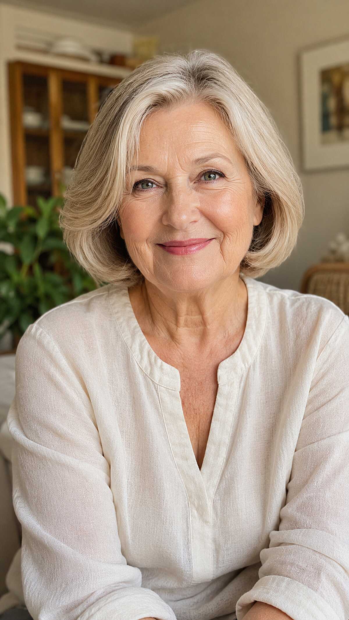 Creamy blonde chin-length bob with natural movement