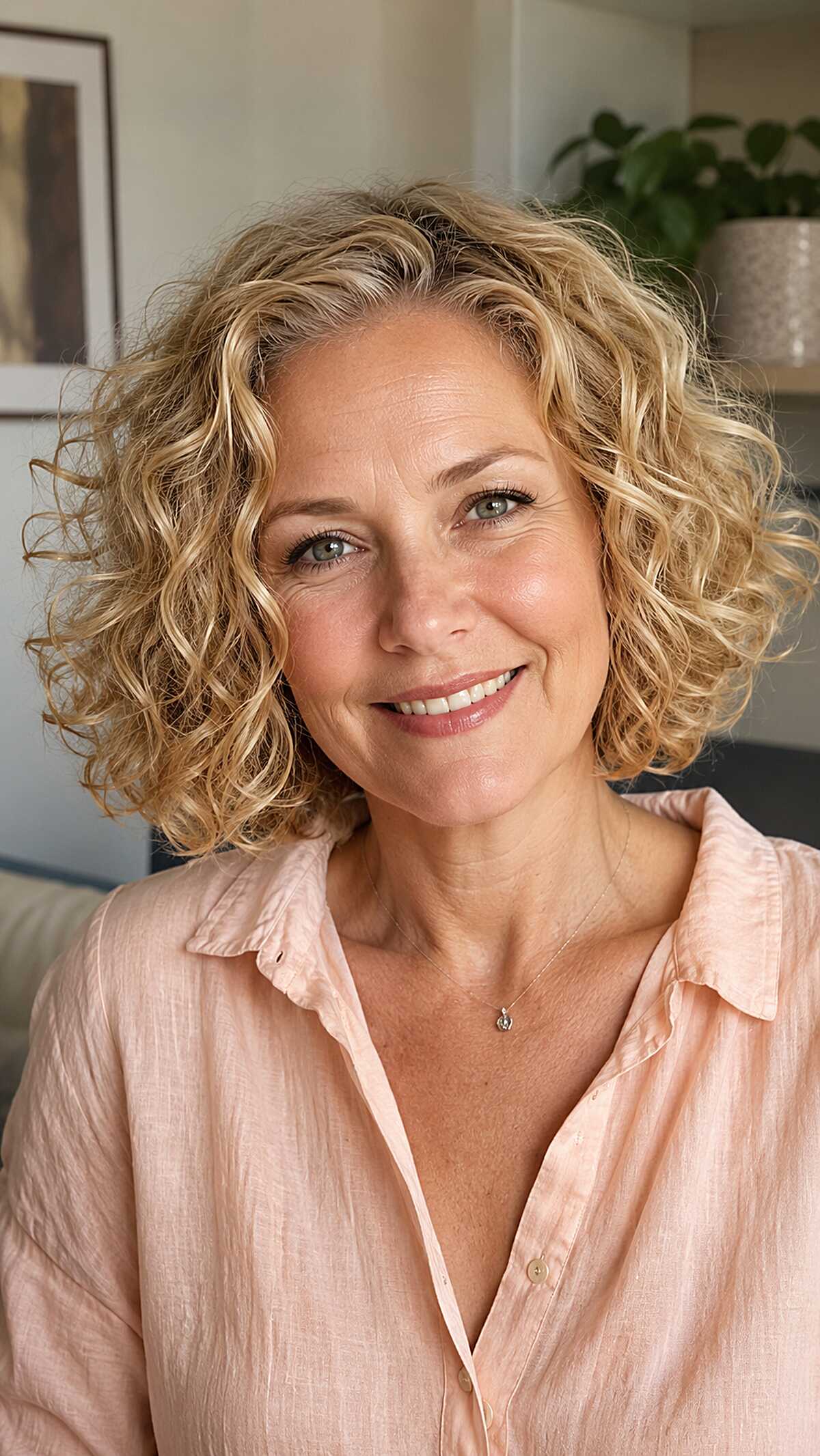 Curly blonde bob with natural ringlets and volume