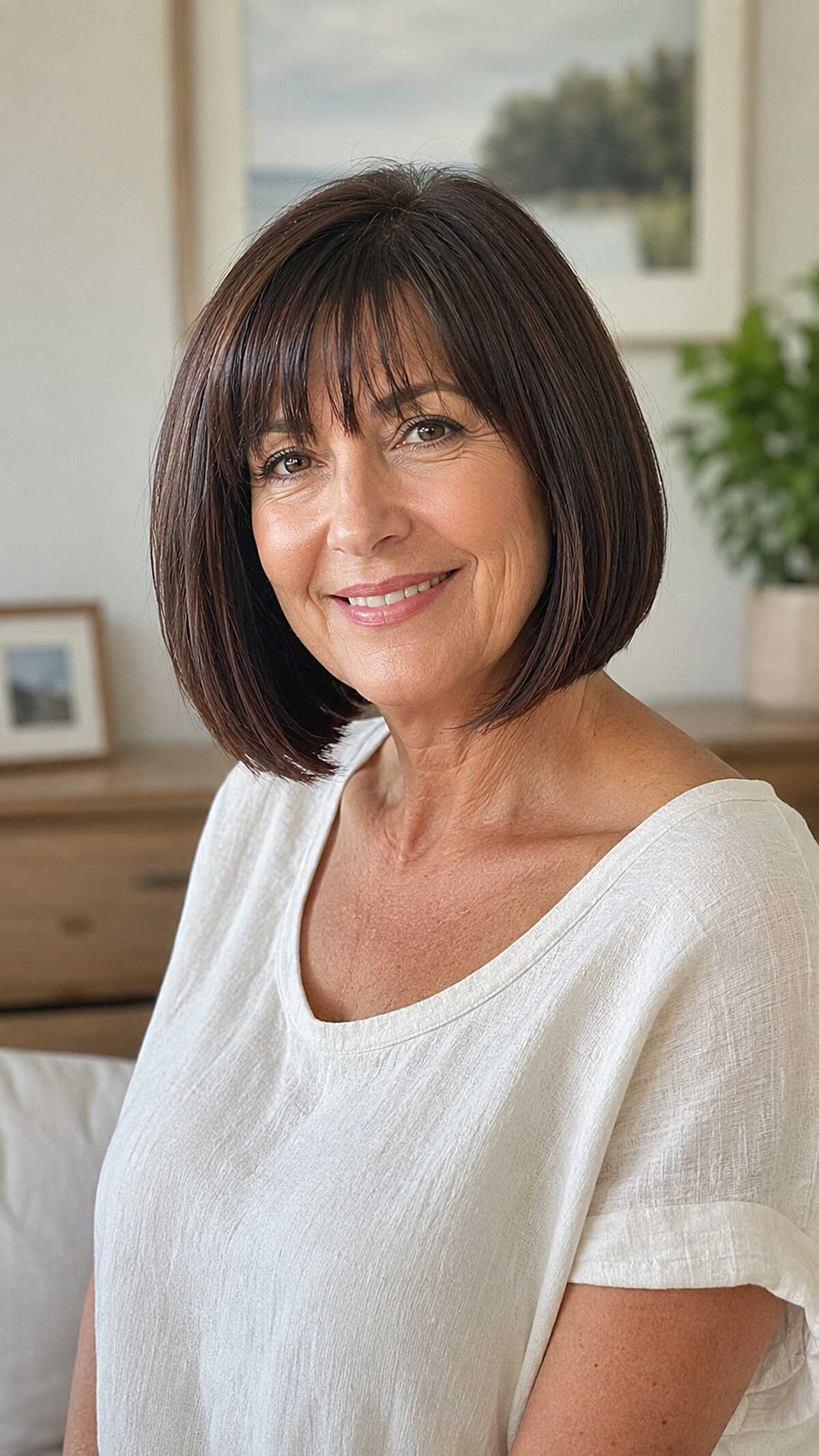 Dark brunette one-length bob with full straight fringe