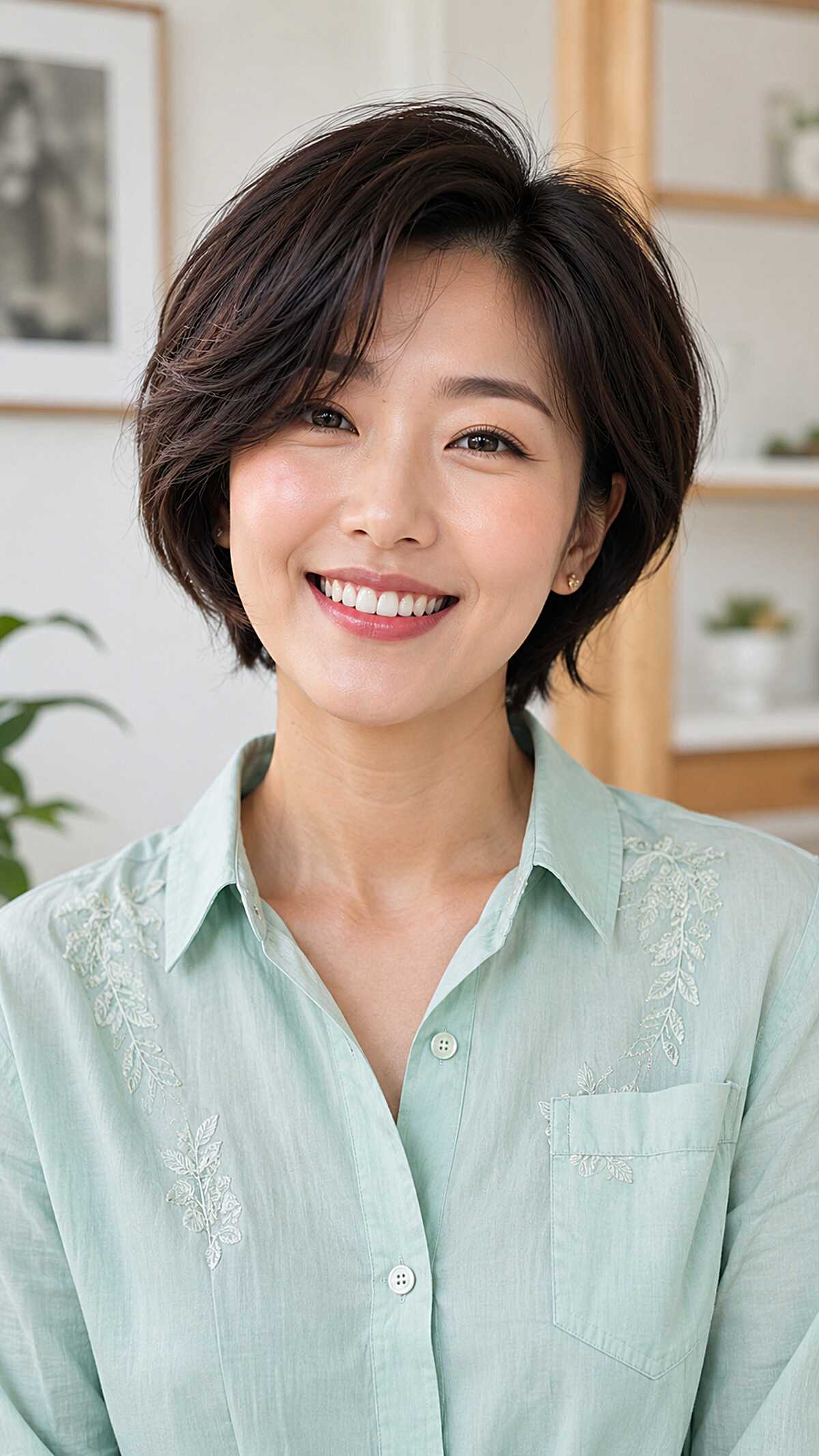 Short dark feathered crop with wispy side-swept bangs