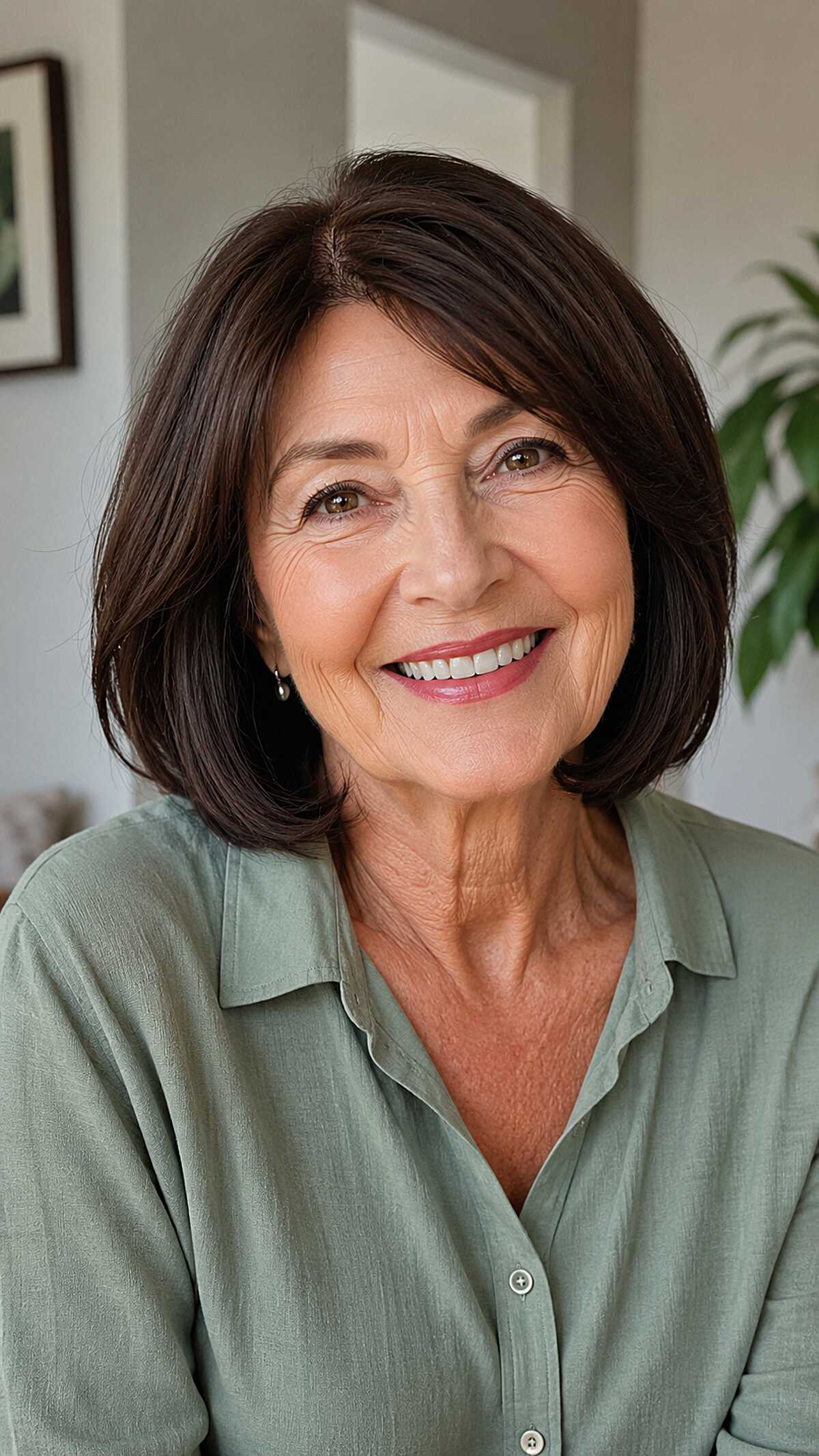 Deep espresso brown bob with side-swept layers