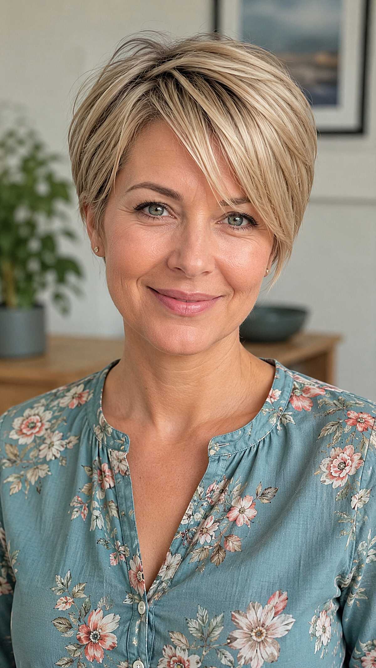 Dimensional blonde pixie with longer feathered top layers