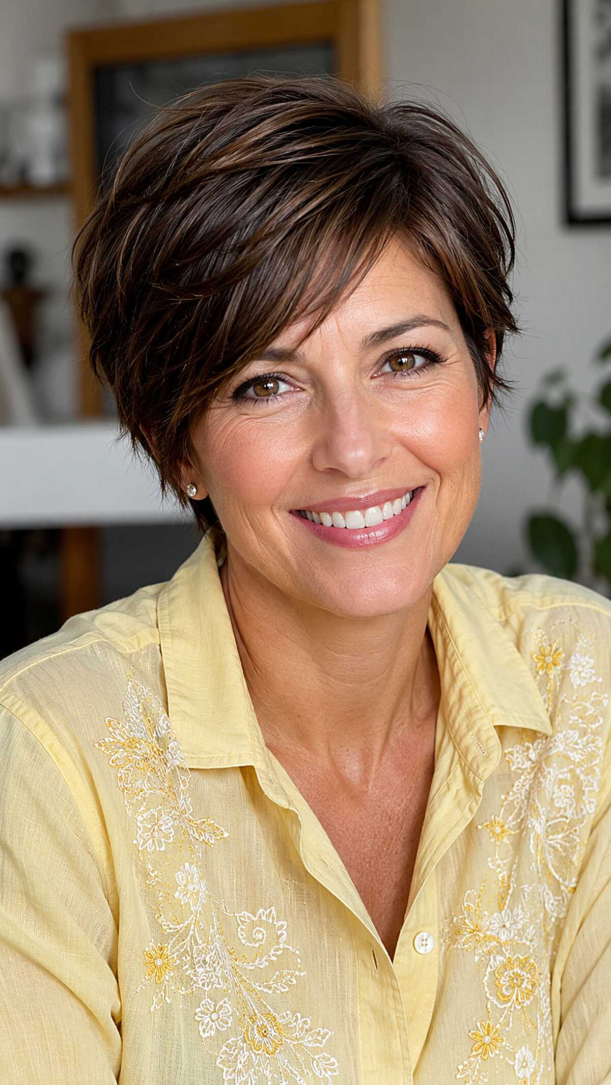 Dark chocolate pixie with textured layered crown