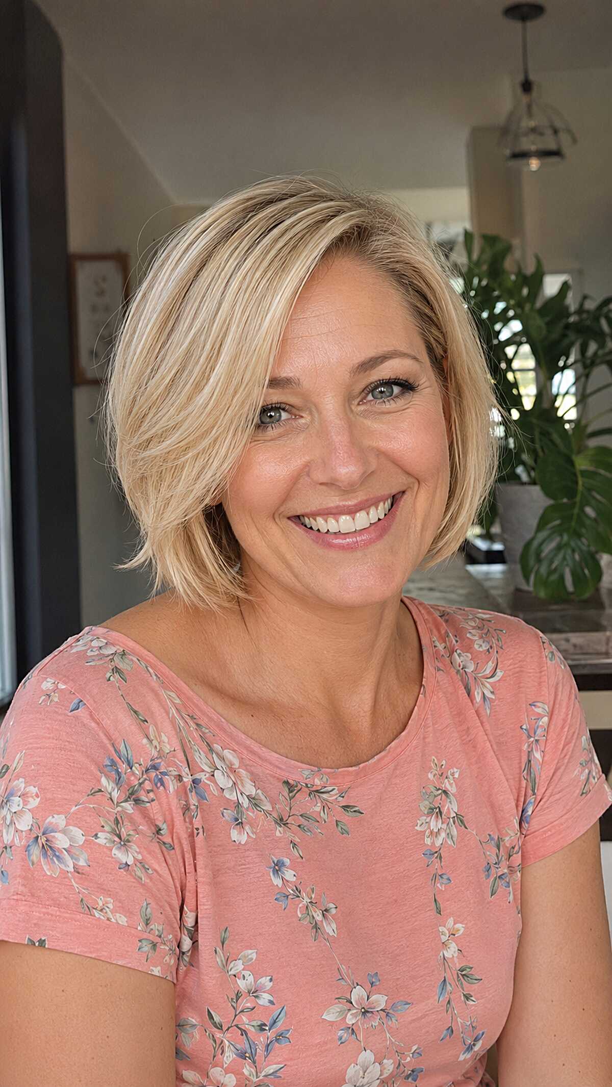 Soft blonde chin-length bob with gentle side part