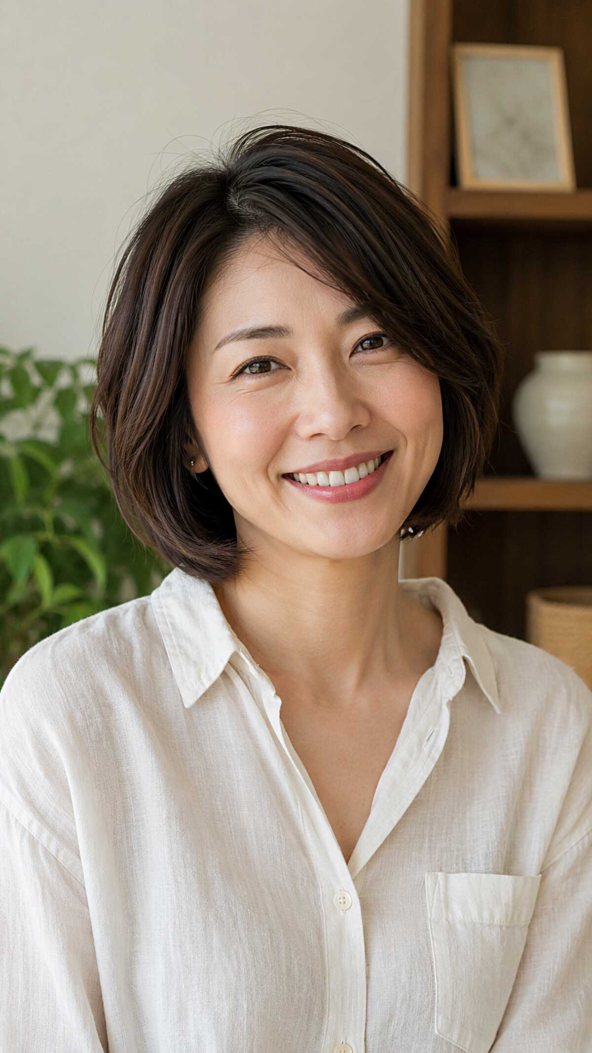 Dark chin-length bob with soft side part and layers
