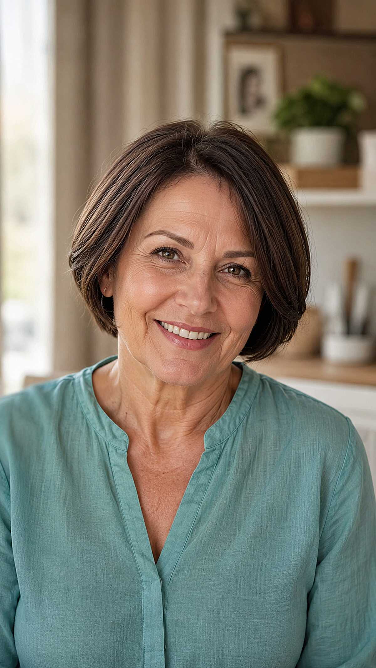 Full-bodied dark brunette bob with rounded shape