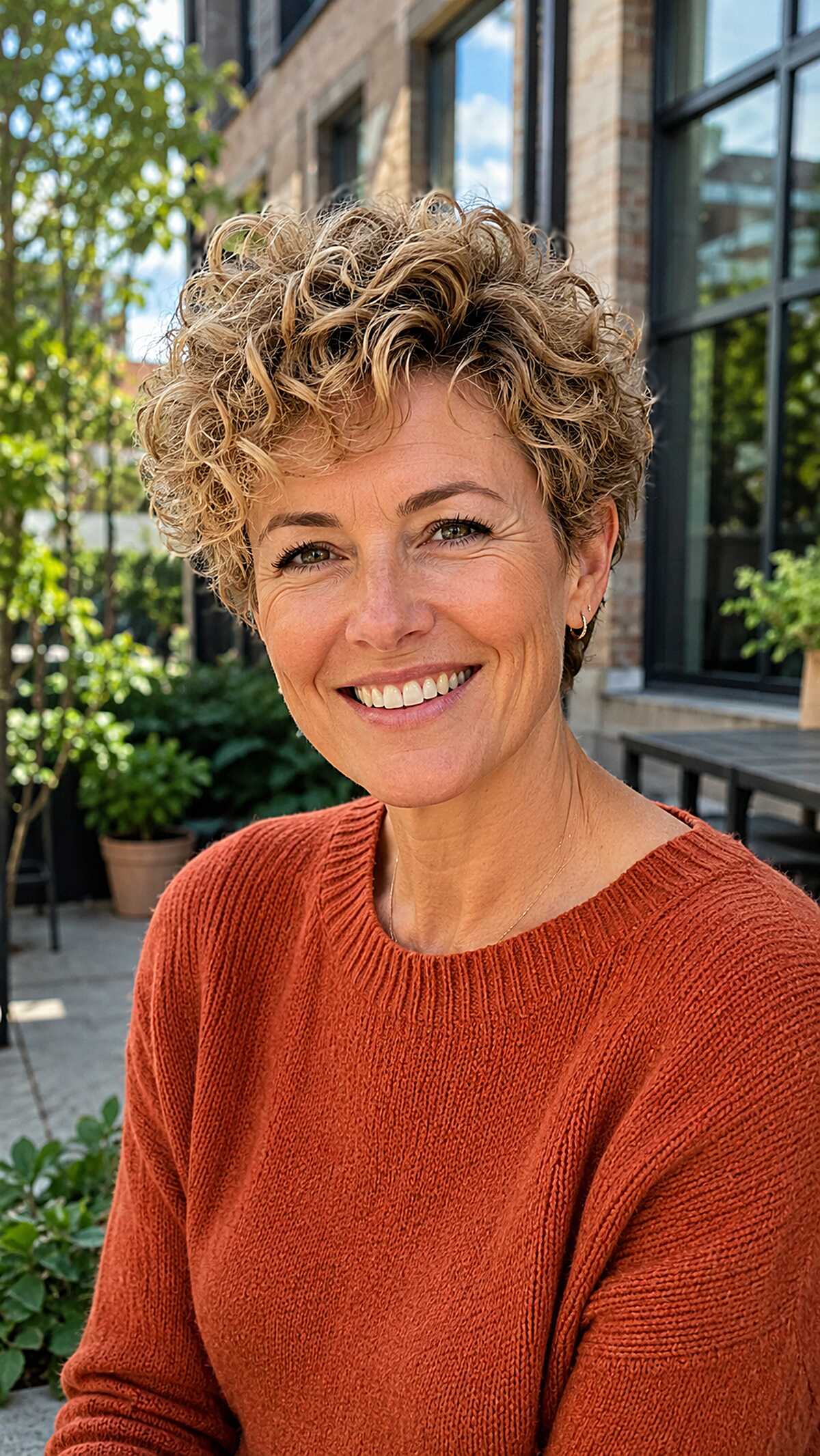 Golden Blonde Curly Pixie with Lifted Crown and Close Sides