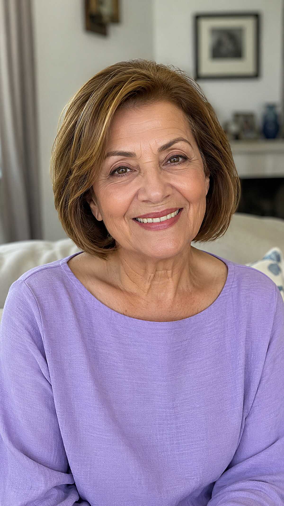 Golden brown bob with blonde highlights and texture