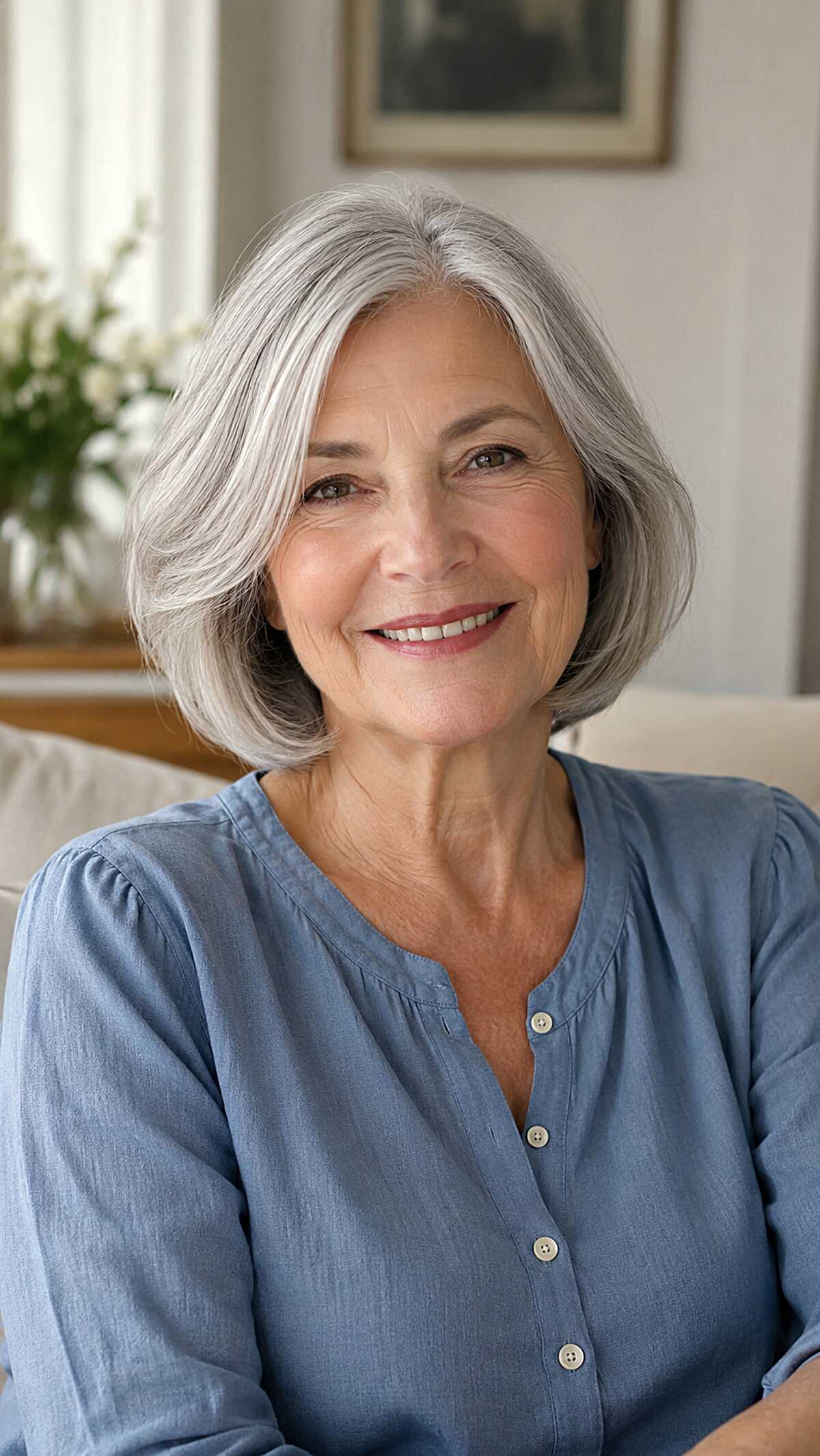 Graceful silver chin-length bob with side-swept layers