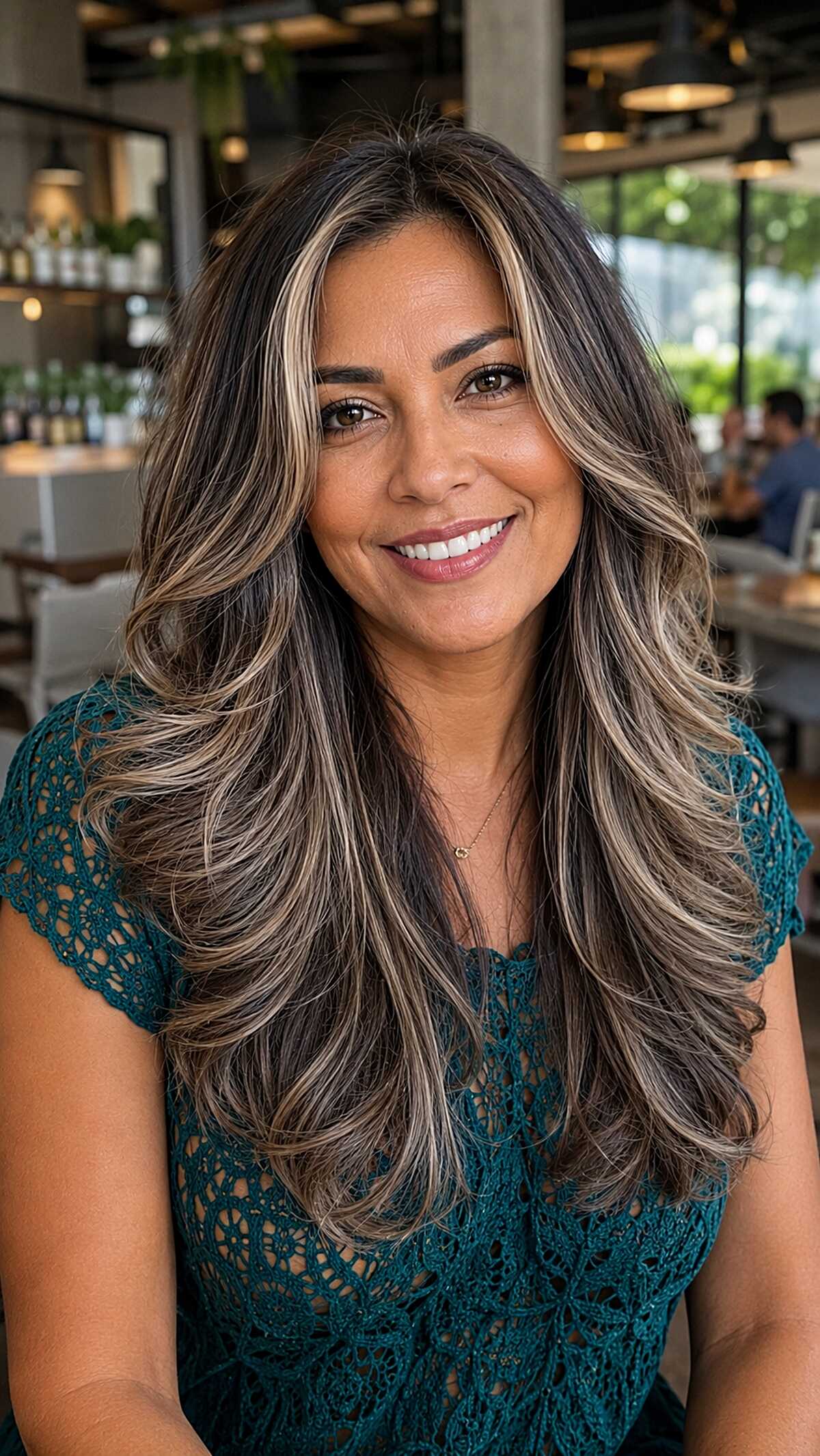Heavily Layered Ash Blonde Balayage on Long Dark Hair with Golden Brown Skin