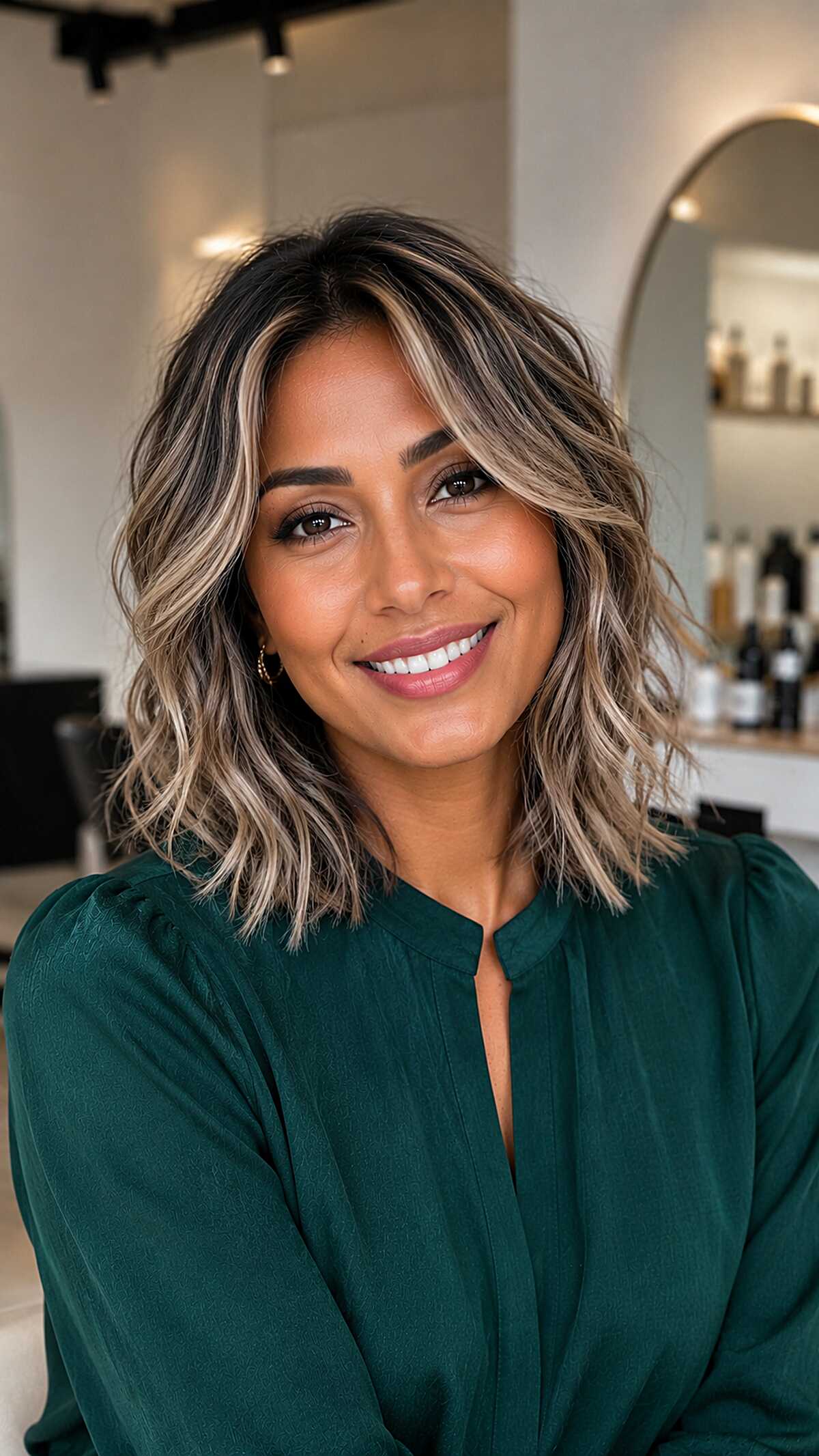 High-Contrast Ash Blonde Ribbons on a Wavy Dark Lob with Medium-Tan Skin
