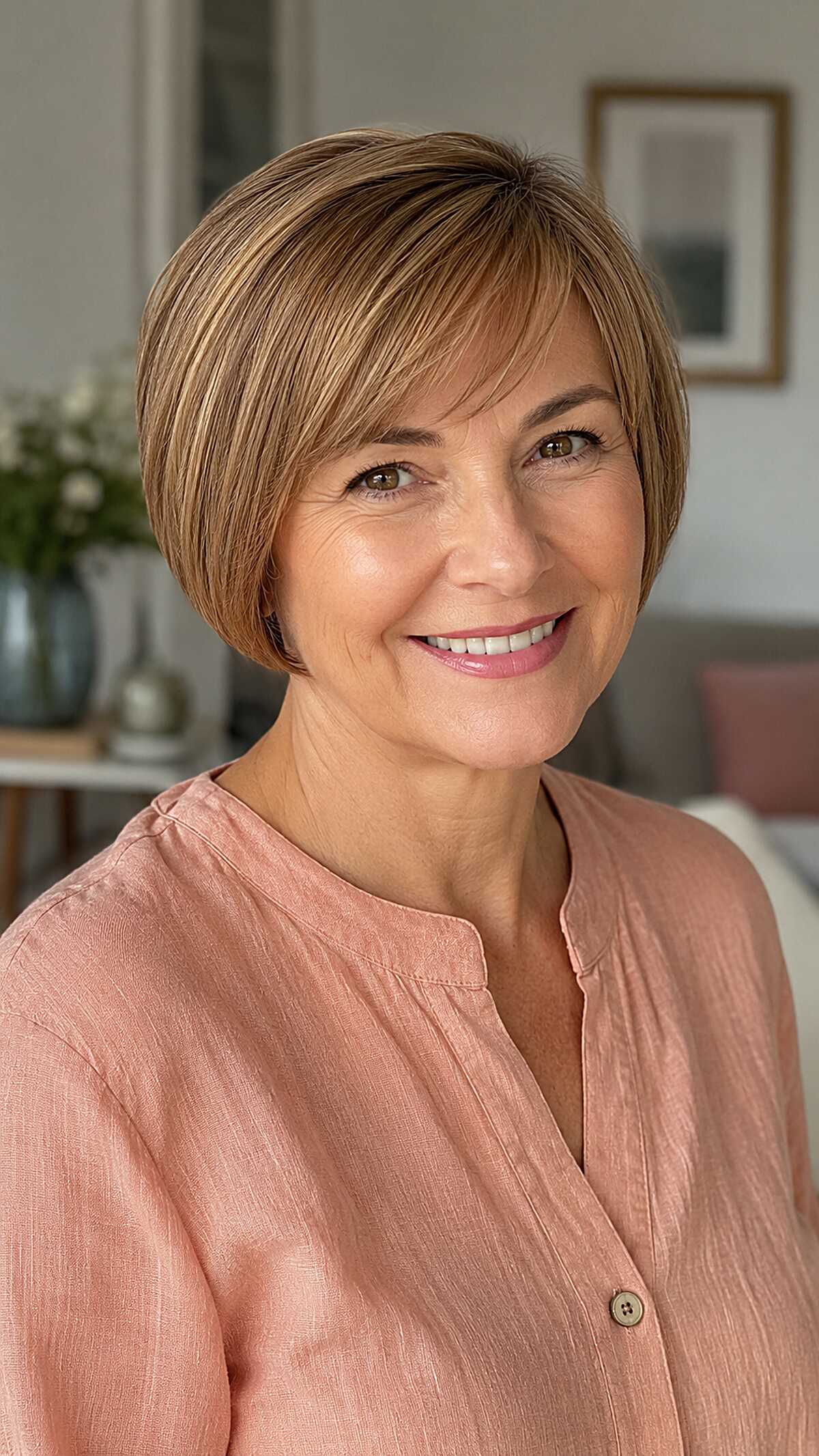 Short highlighted bob with tapered shape and volume