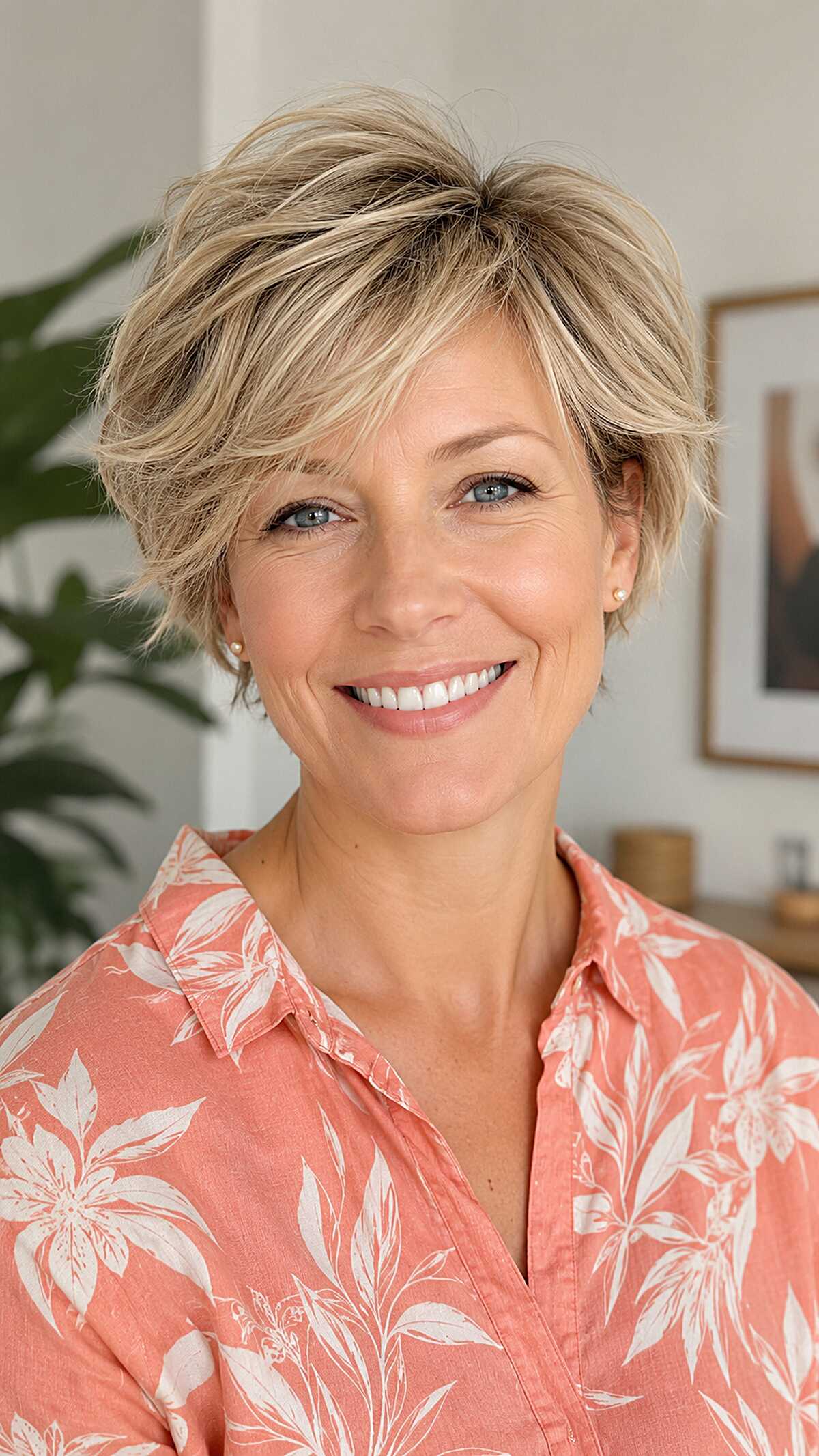Sandy blonde highlighted pixie with windswept layers