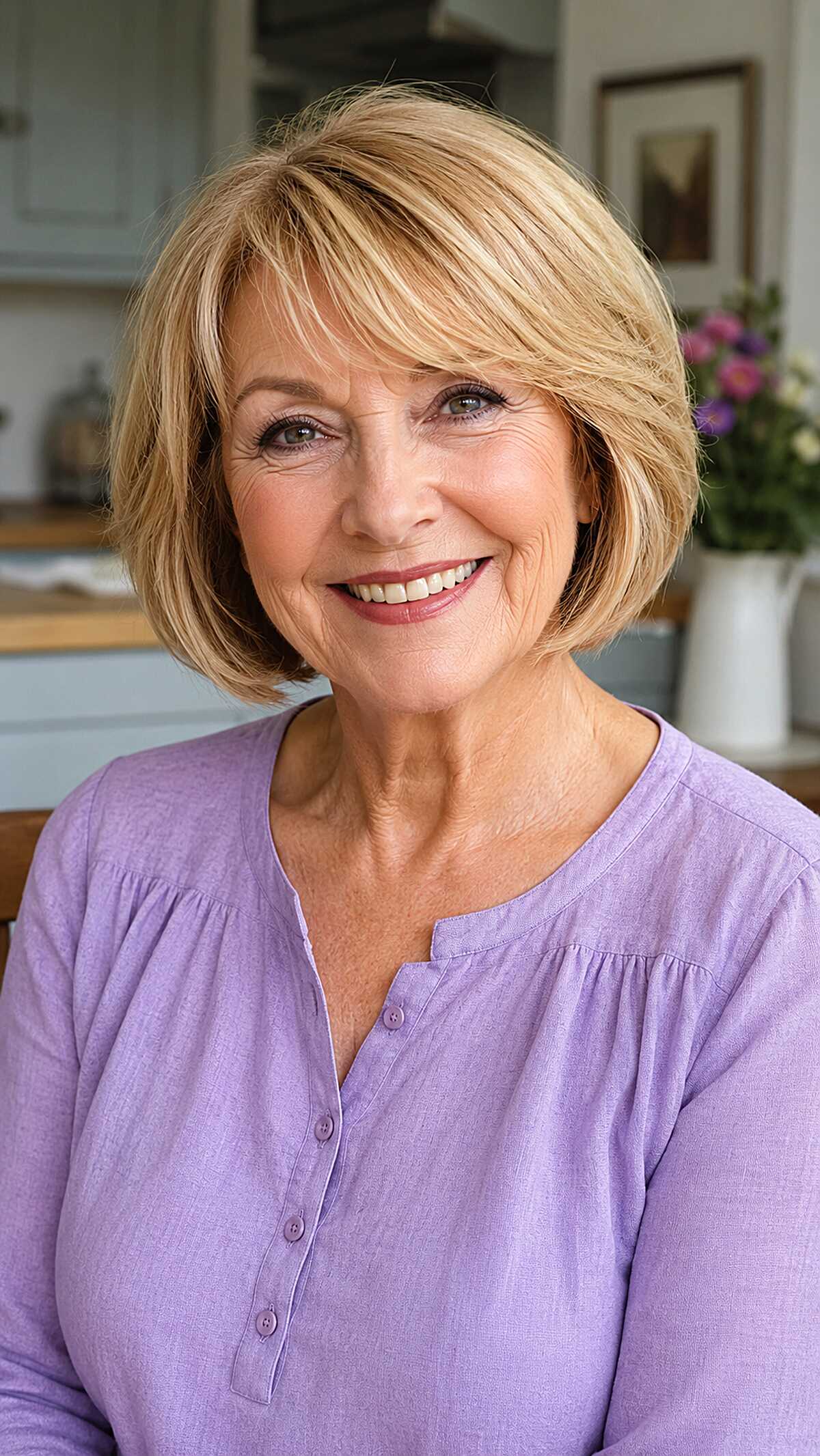 Honey blonde layered bob with wispy bangs