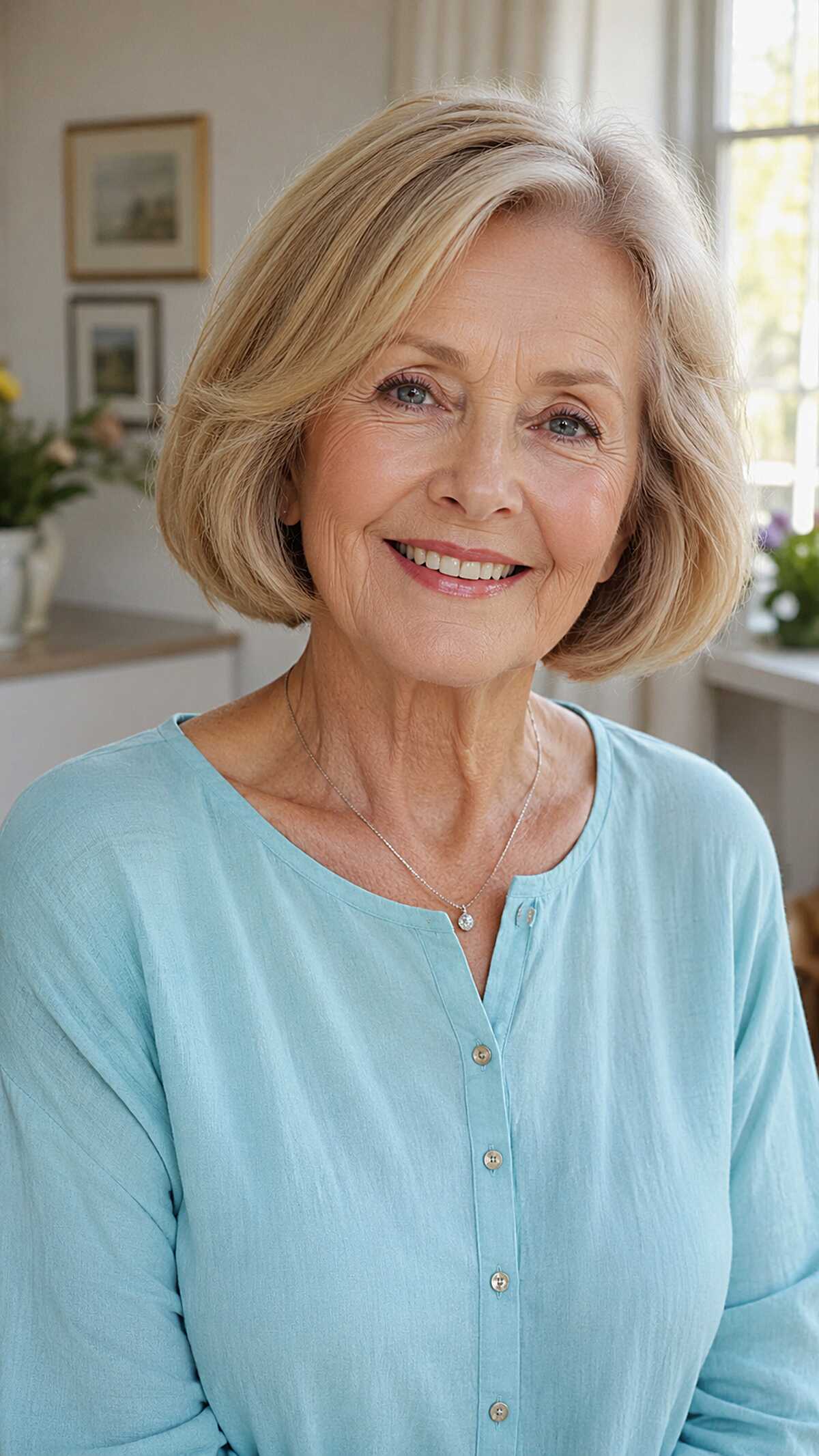 Honey blonde chin-length bob with flipped-out ends