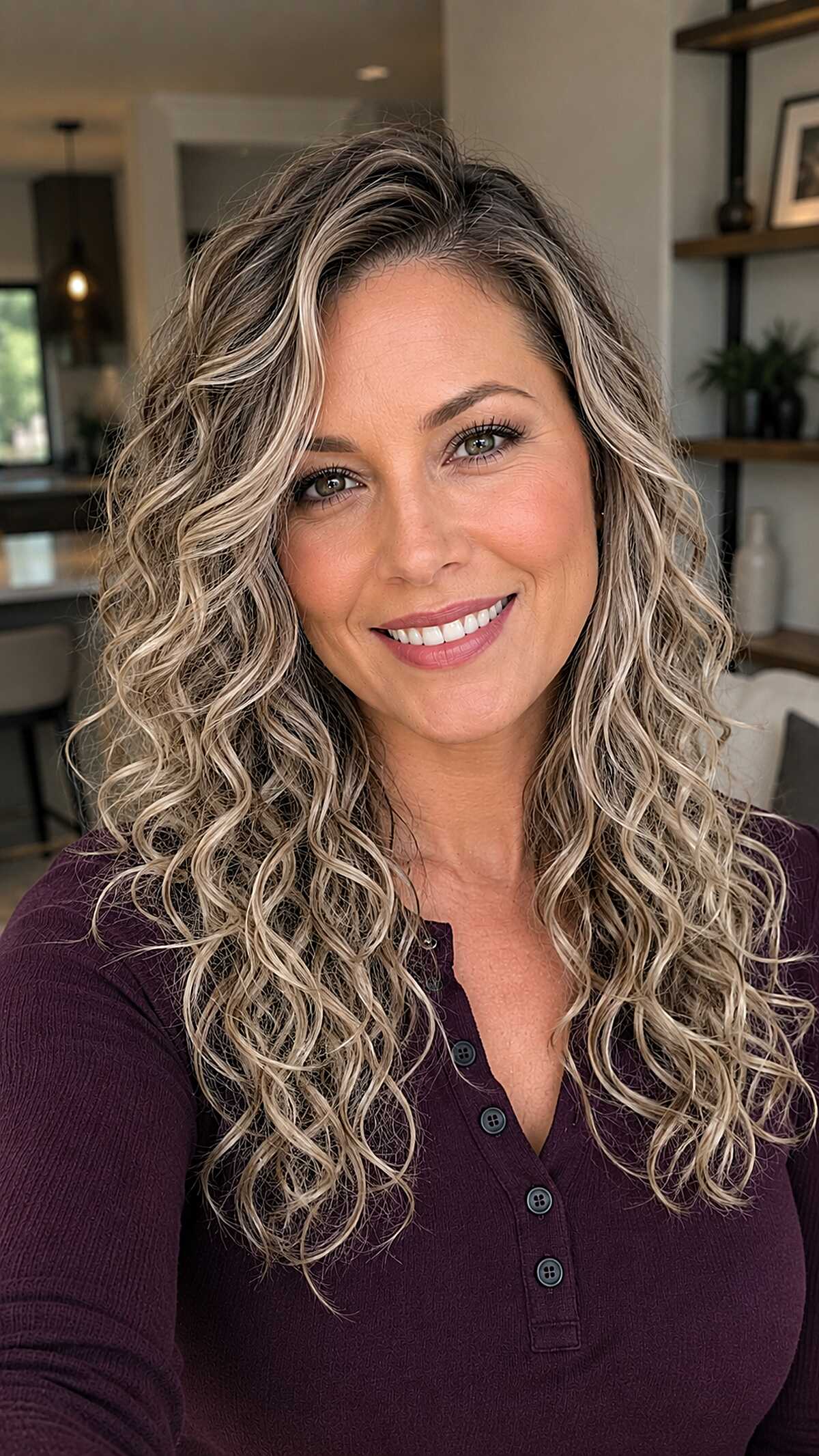 Long Curly Ash Blonde Balayage on a Dark Brunette Base