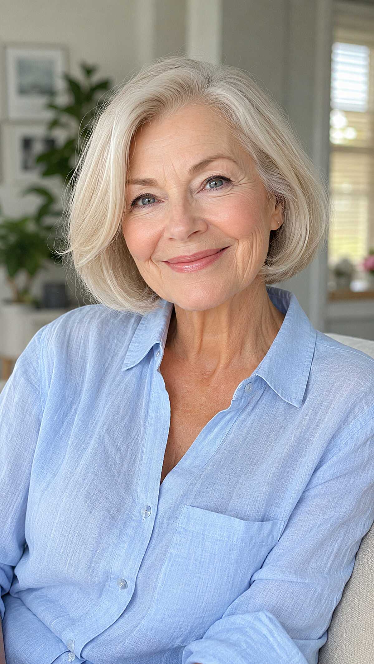 Luminous platinum blonde chin-length bob with soft wave