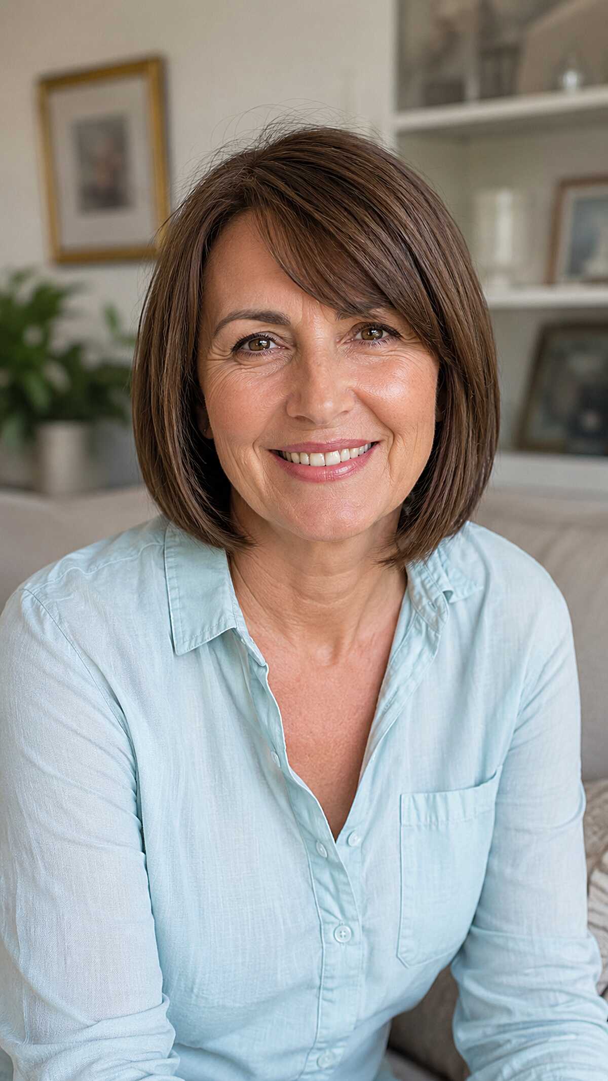 Medium brown chin-length bob with soft side fringe