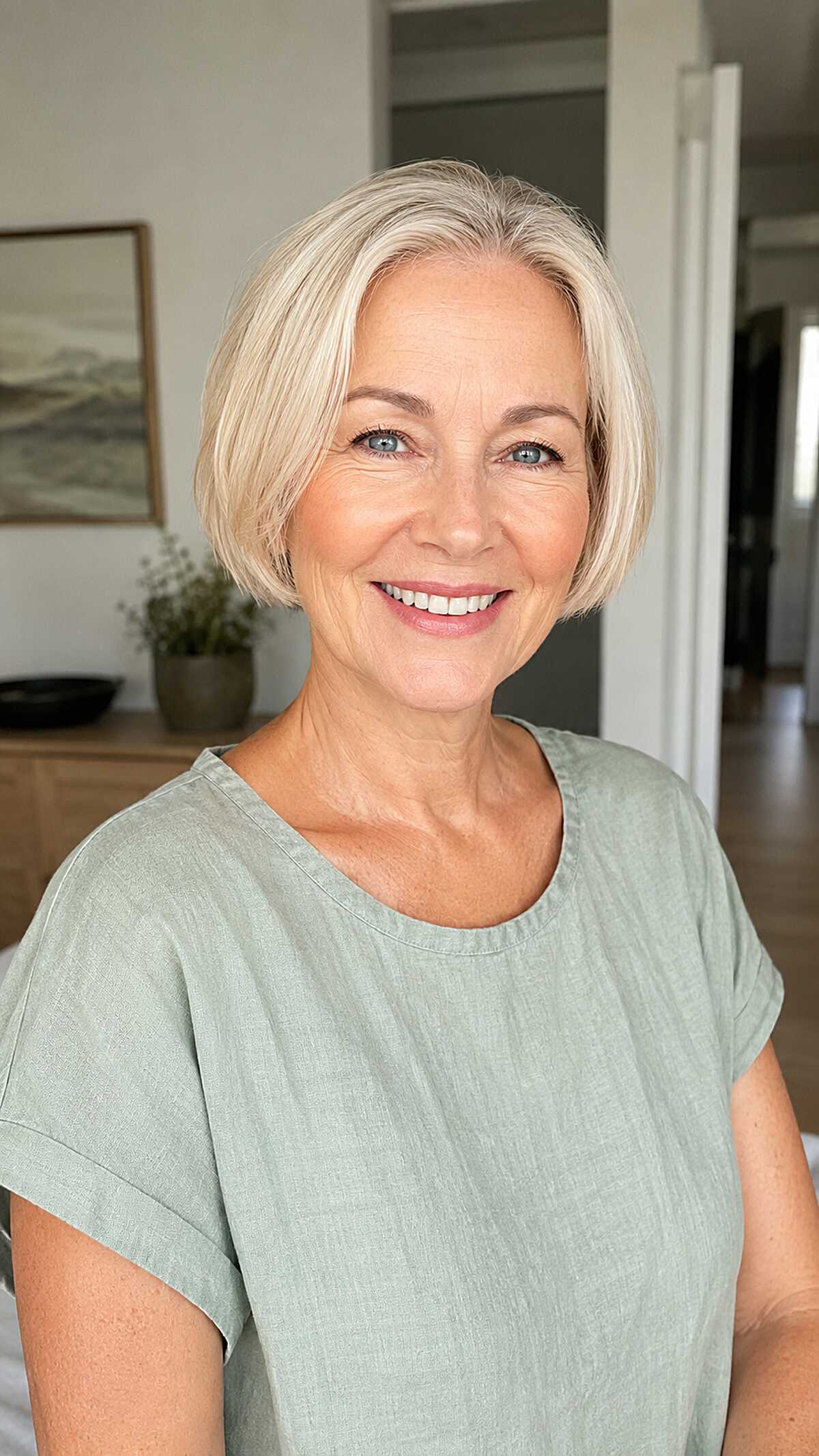 Platinum blonde short bob with feathered side part