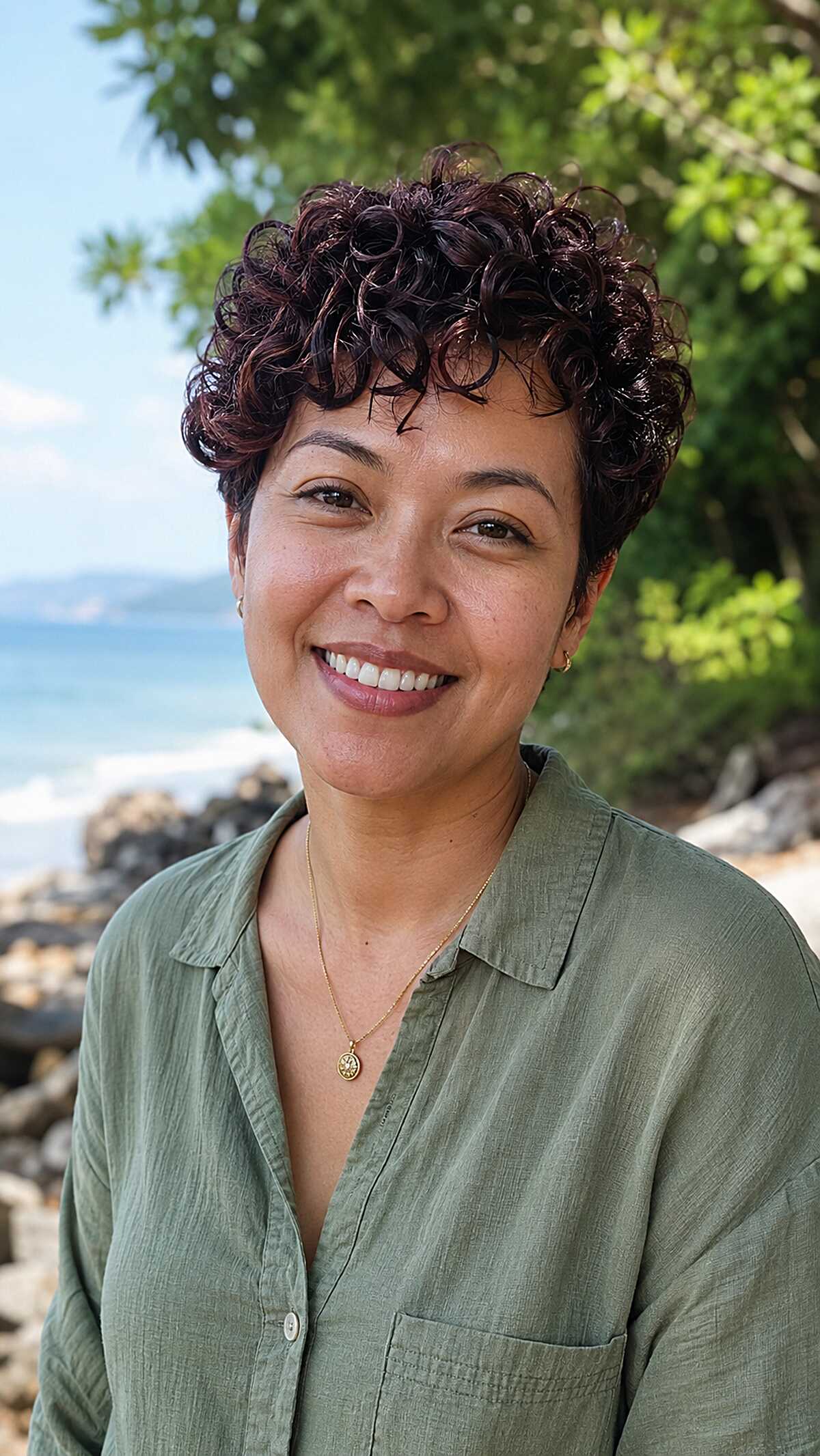 Plum-Tinted Tight Curls with Cropped Sides and Stacked Crown