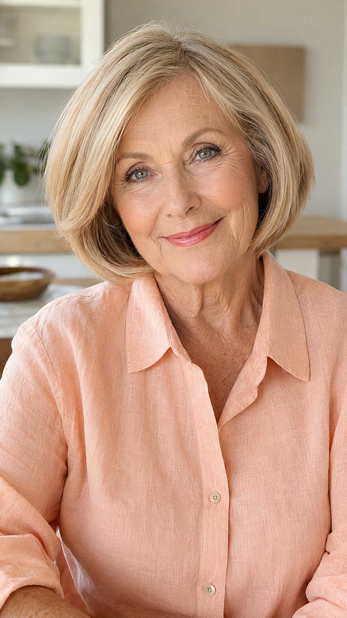 Polished golden blonde bob with inward-curving ends
