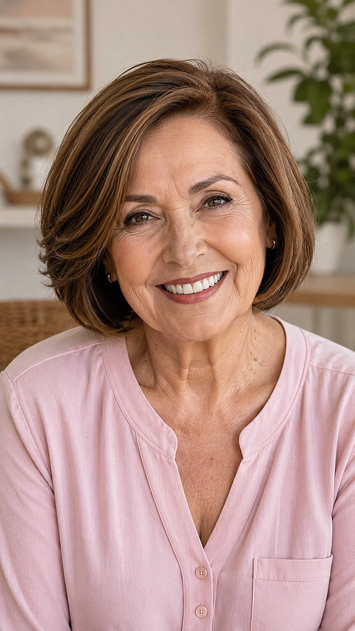 Rich brunette chin-length bob with lifted crown volume