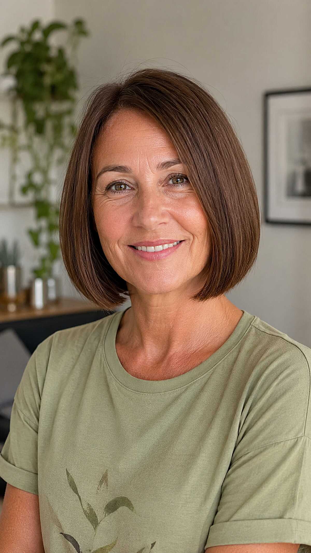 Rich chocolate brown bob with deep side part