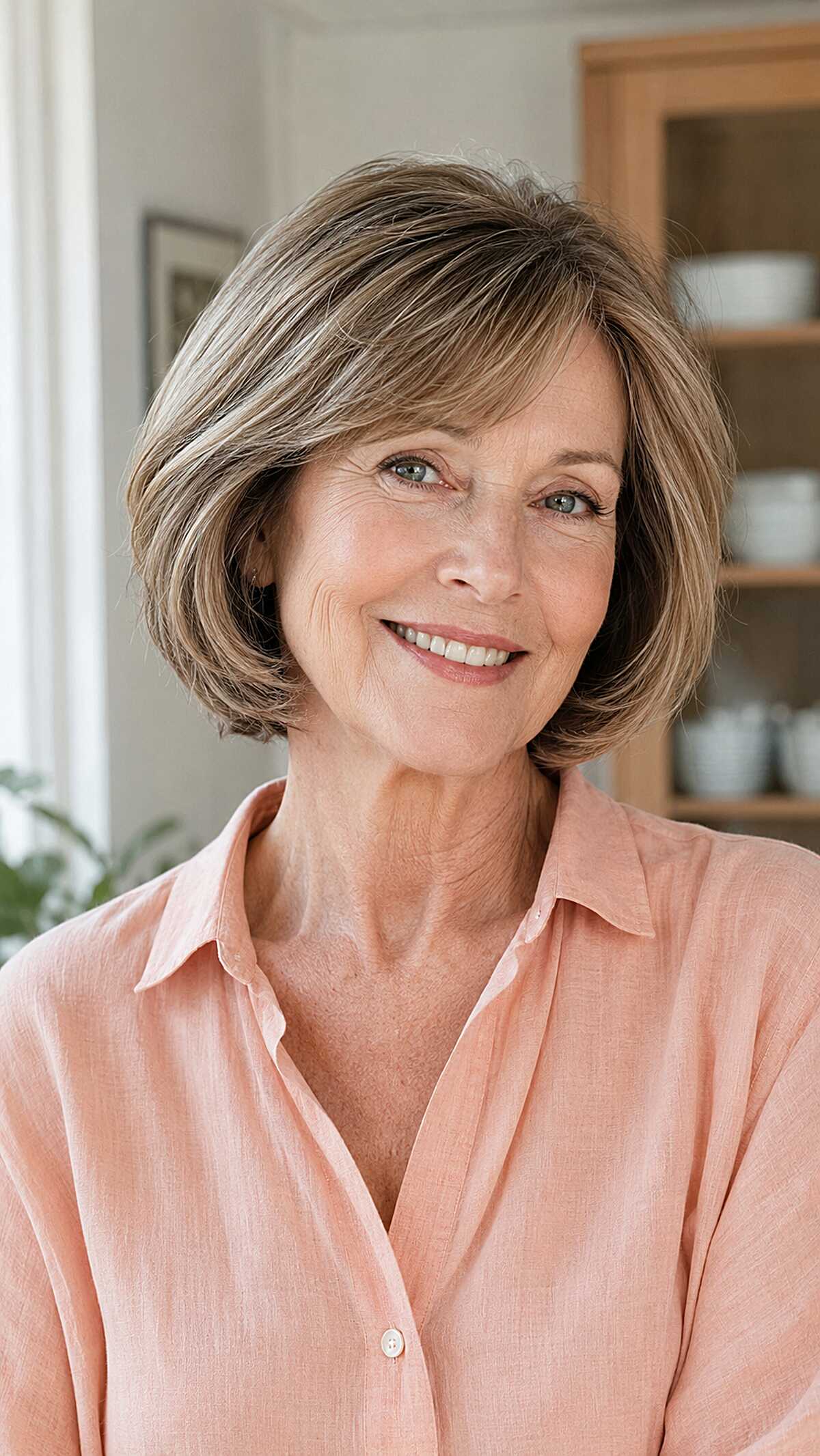 Sandy blonde bob with dimensional layers and side part