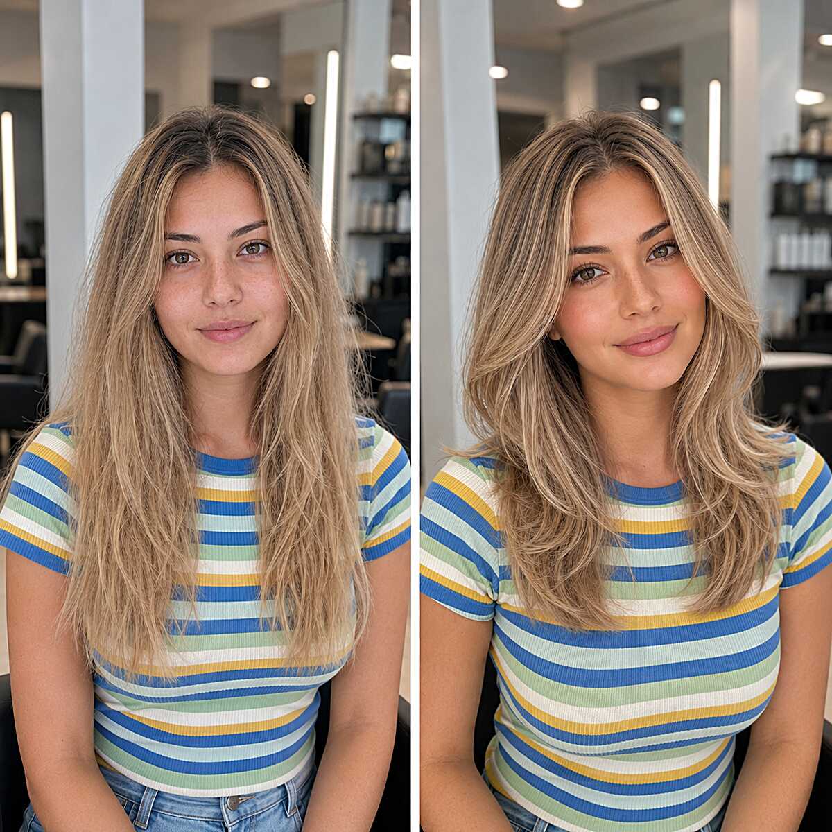 Before and after Scandi layer transformation on bronde hair
