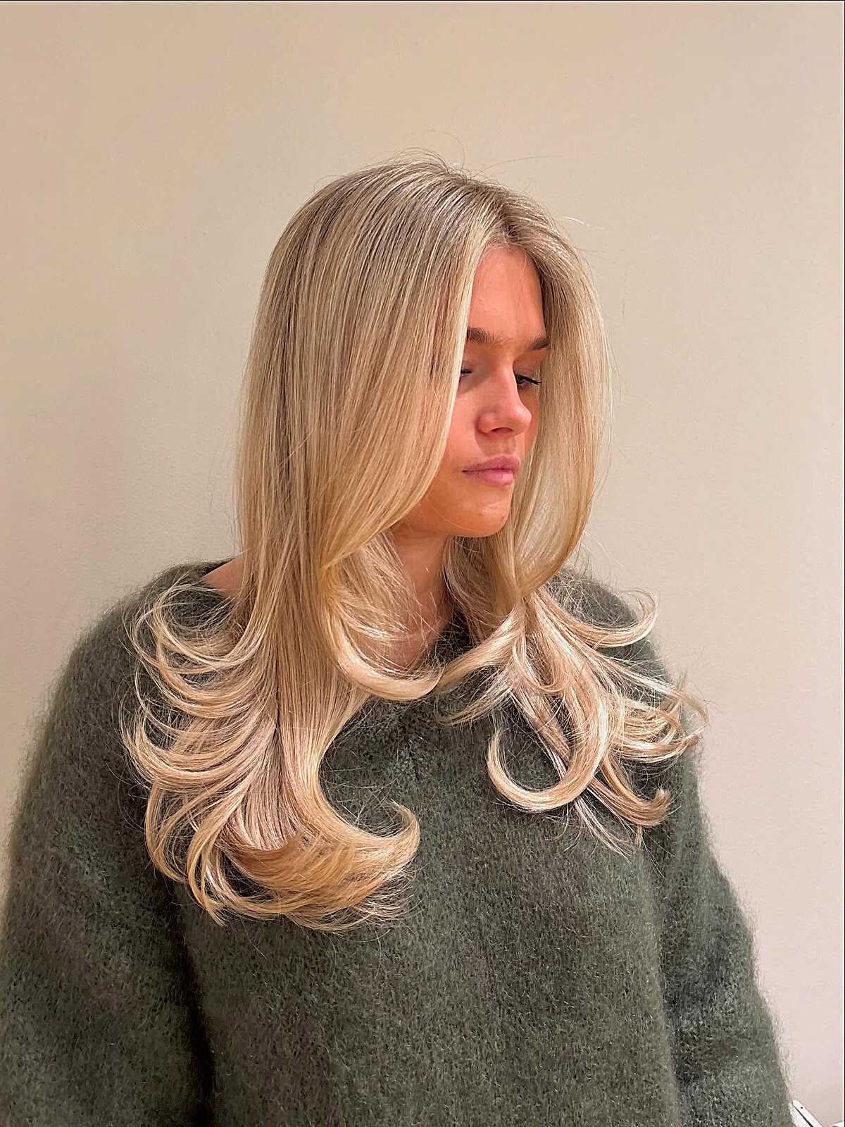 Honey blonde long layers with large curtain curls