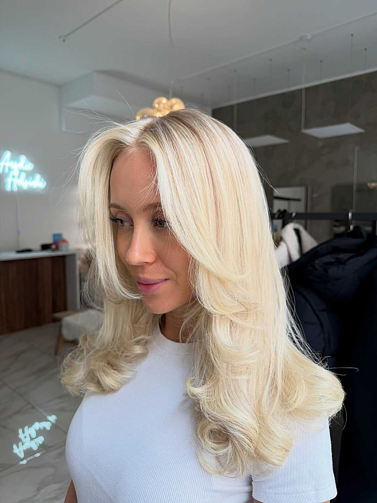 Platinum blonde layered hair styled in a bouncy blowout