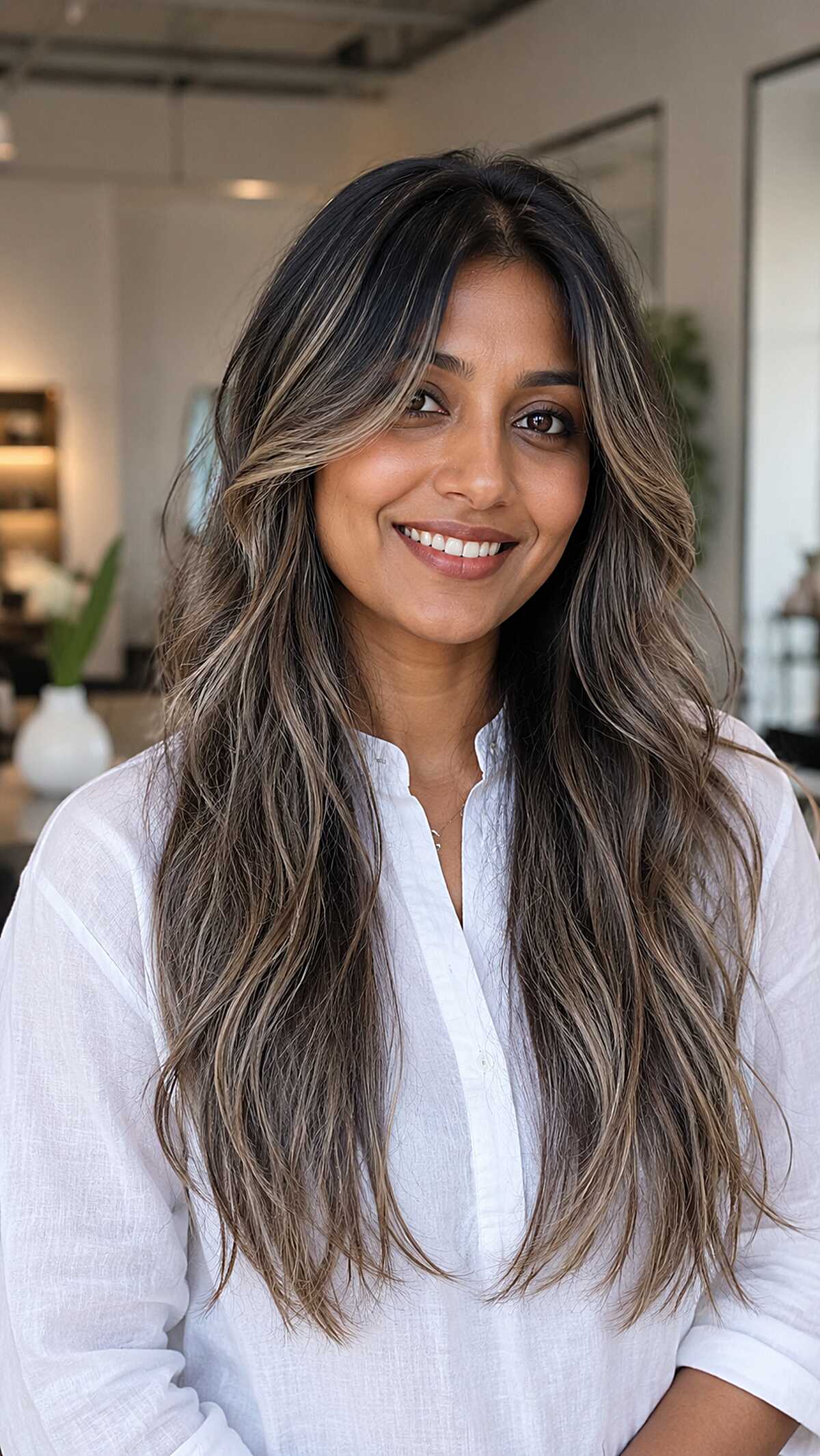 Scattered Ash Blonde Balayage on Long Dark Hair with Warm Brown Skin