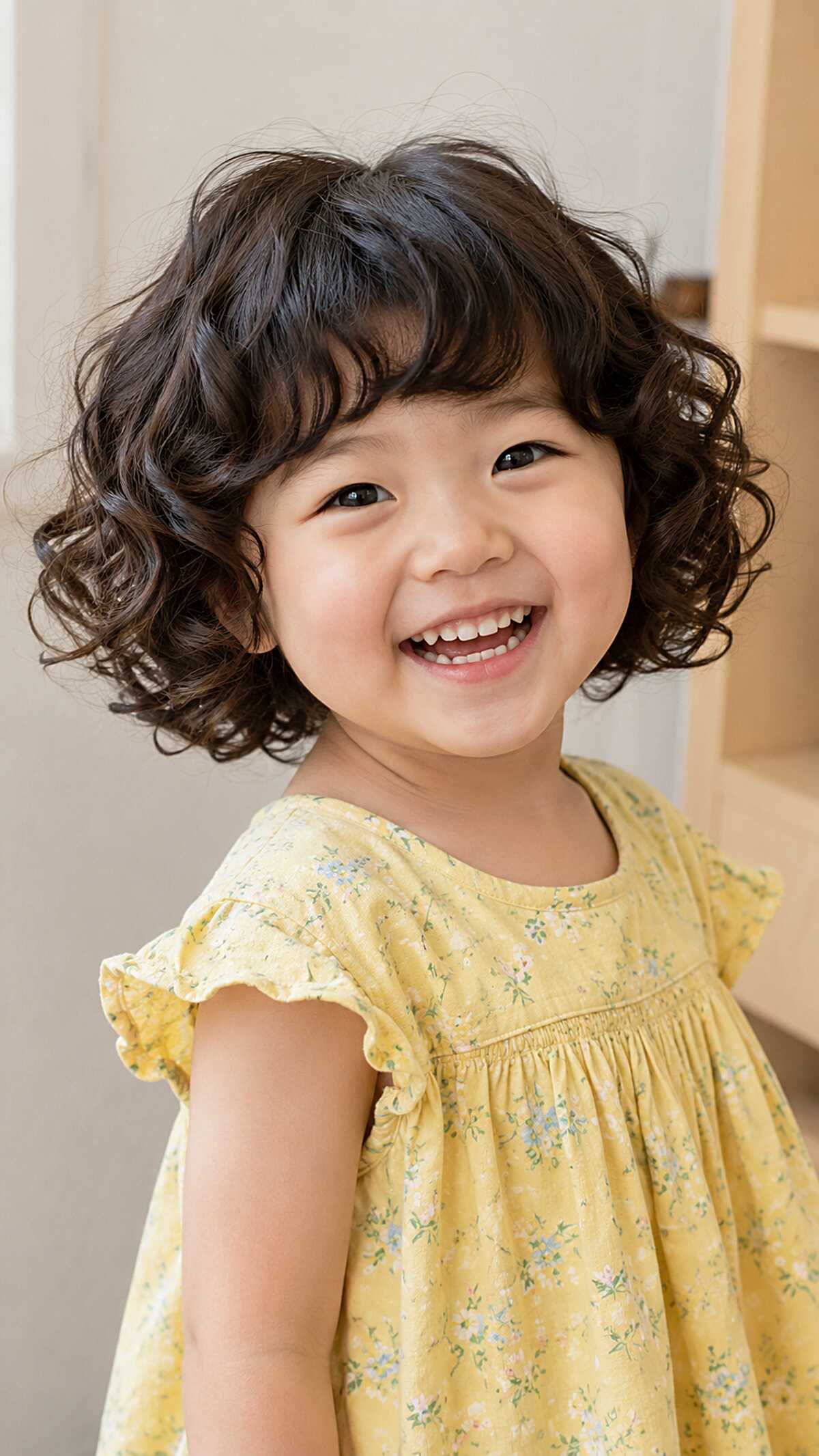 Short Dark Brown Curly Bob with Soft Curled Bangs
