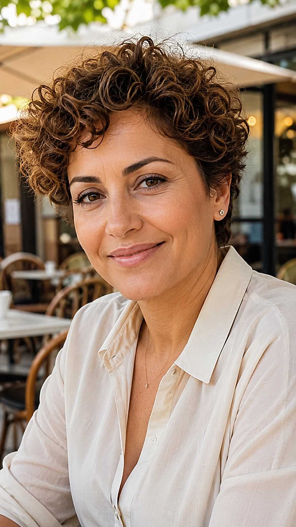 Short Warm Brunette Curls with Tight Crown and Tapered Ears
