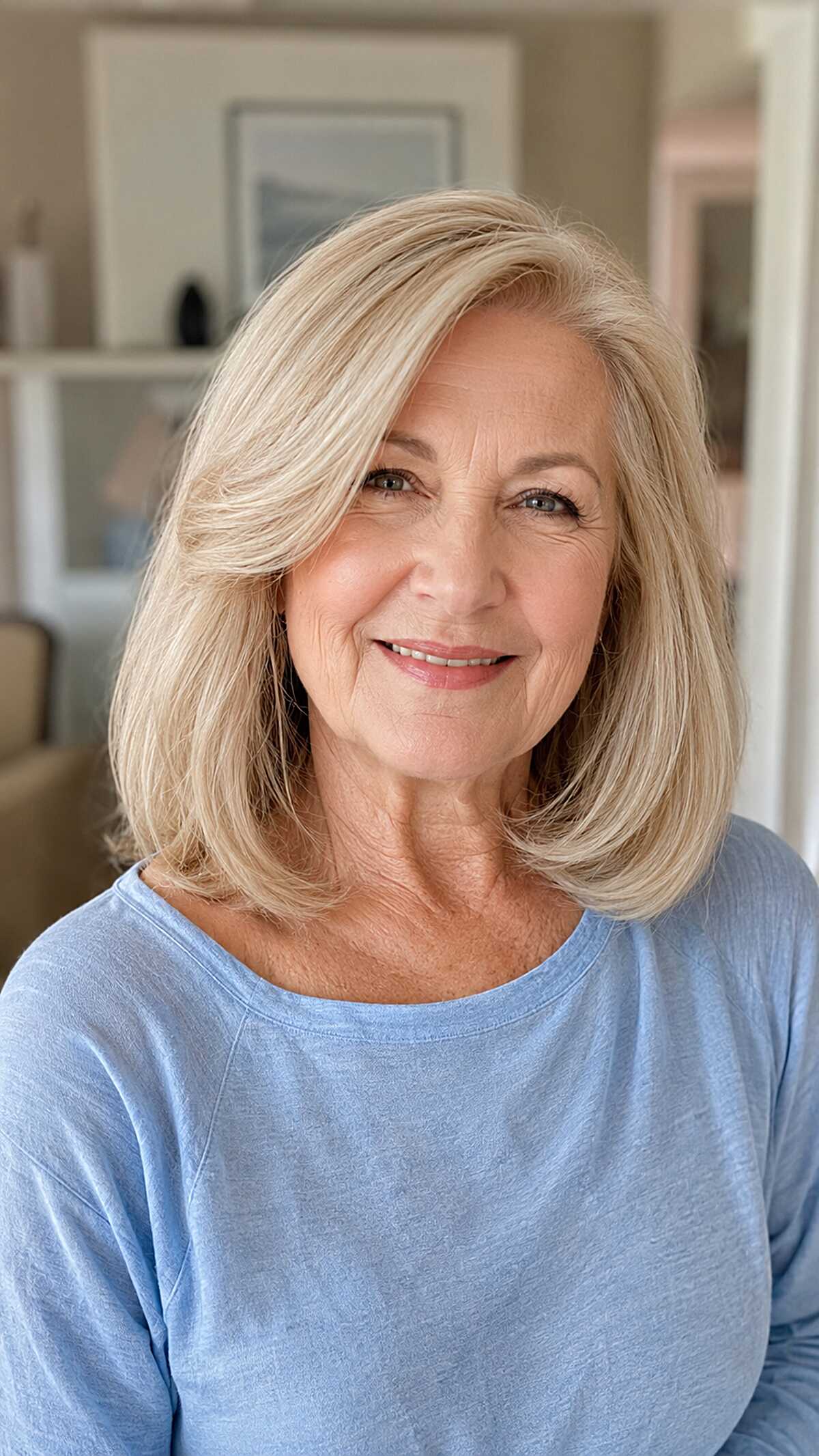 Shoulder-length blonde bob with curtain-parted layers