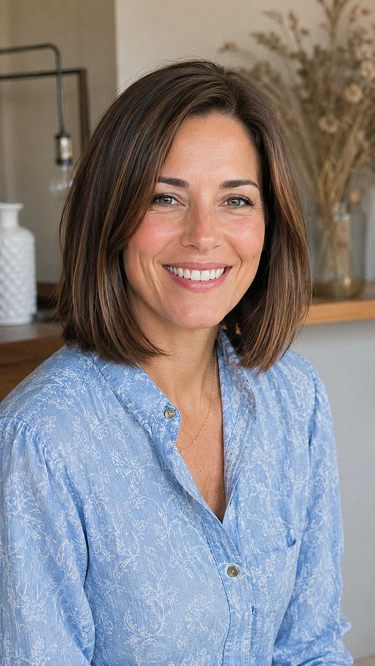Sleek brunette lob at collarbone length with shine