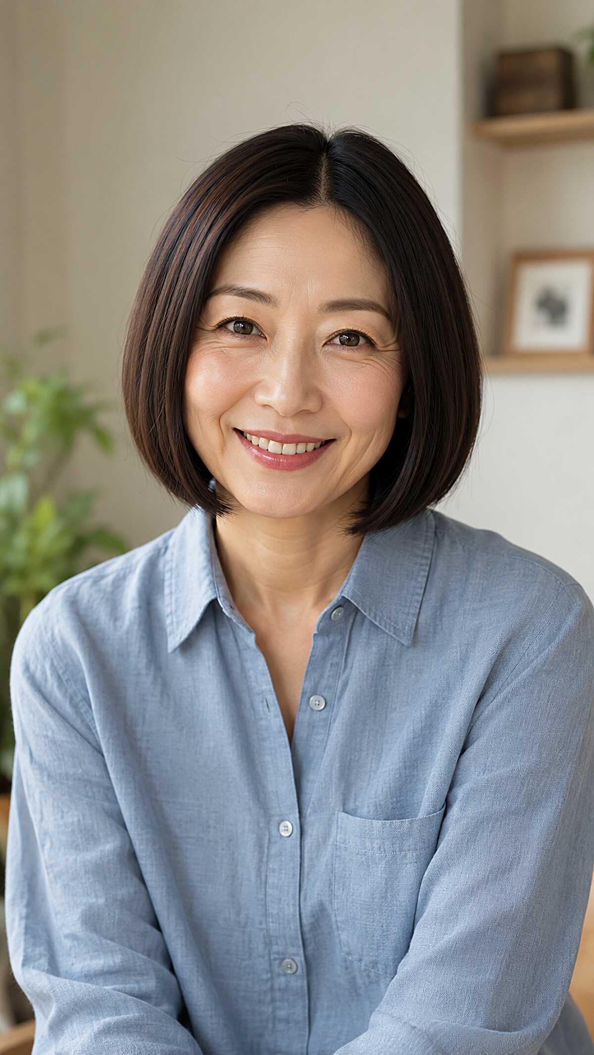 Sleek dark chin-length bob with natural movement