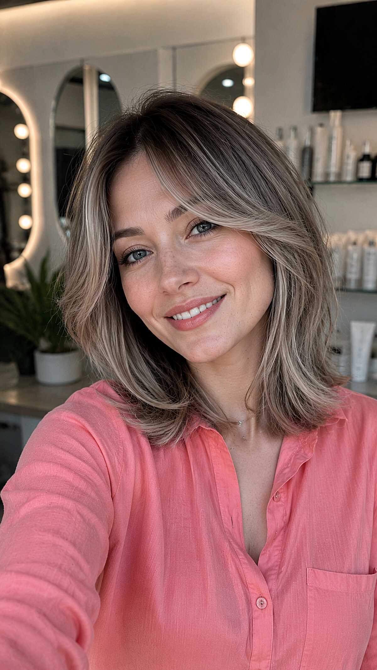 Soft Ash Blonde Balayage on a Layered Lob with Side-Swept Fringe