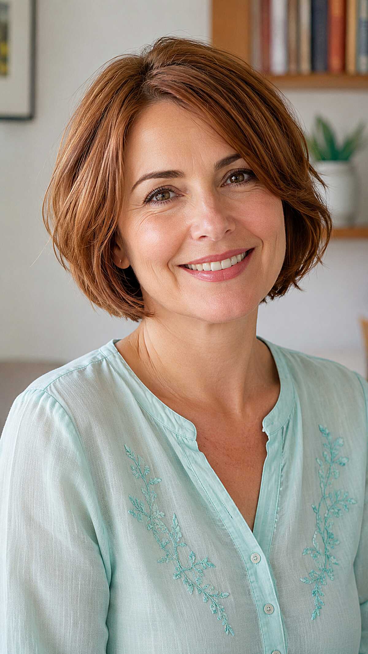 Auburn chin-length bob with soft layers and side part