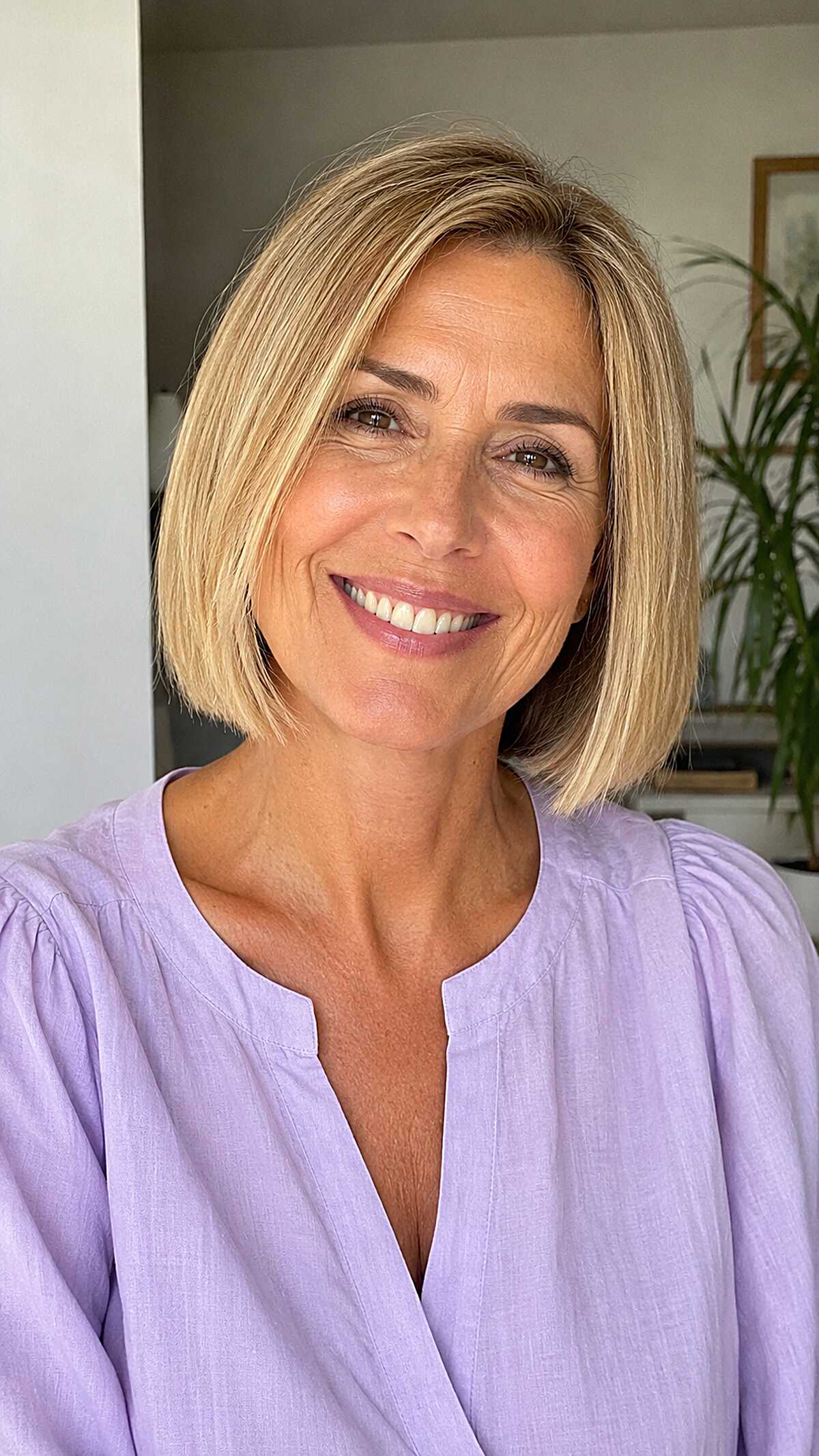 Soft blonde chin-length bob with darker root shadow