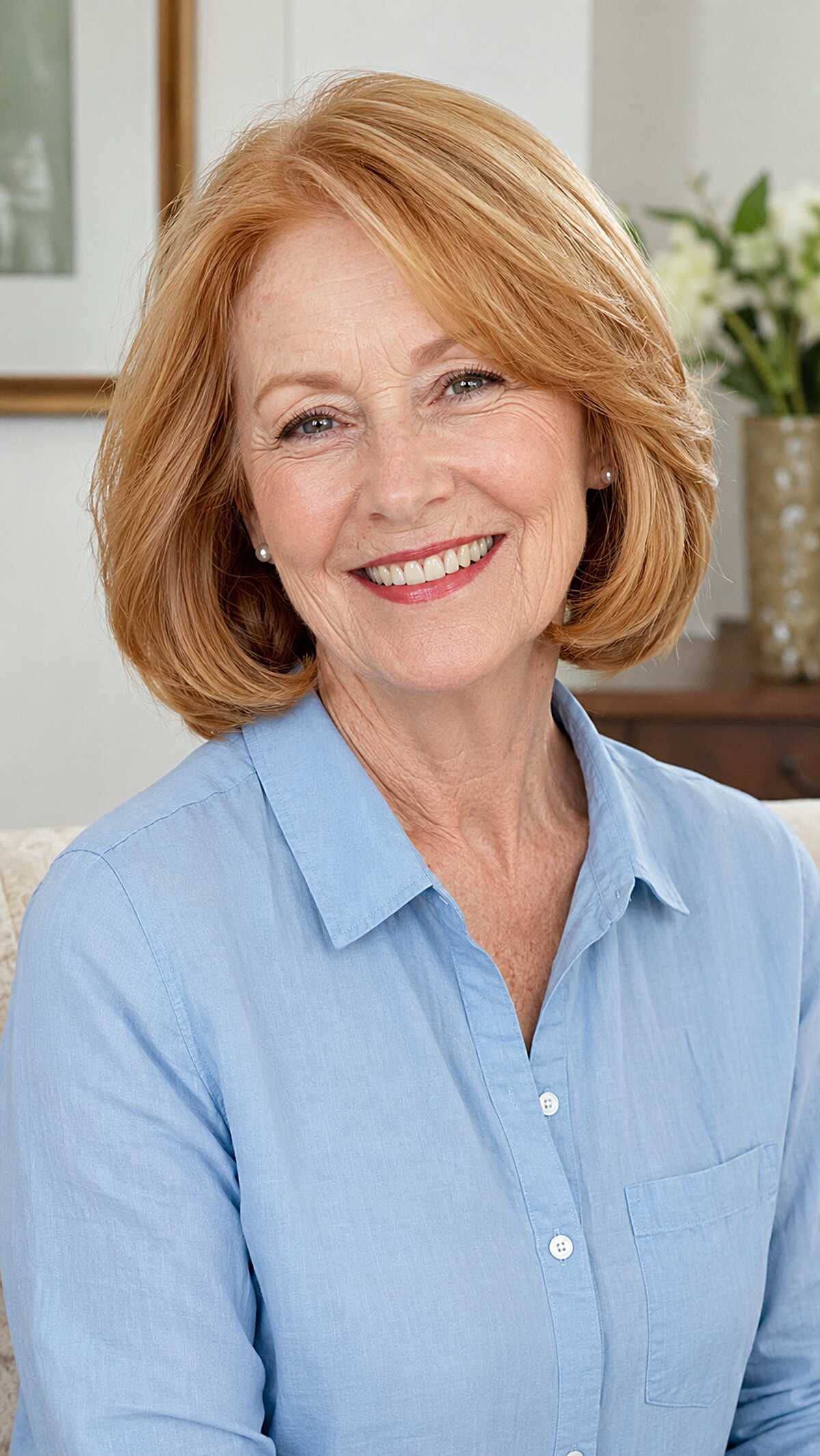 Strawberry blonde chin-length bob with side-swept layers