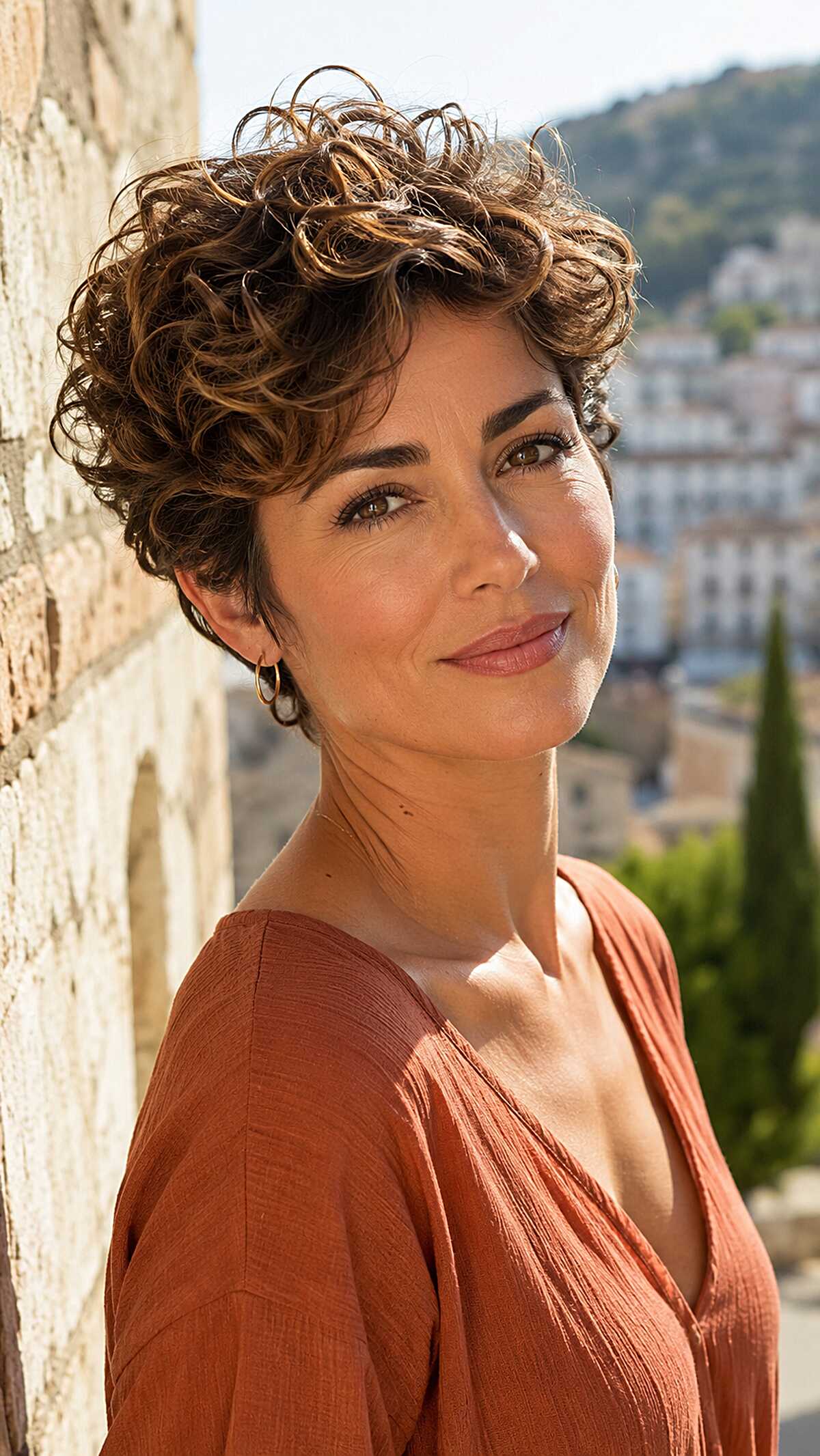 Sun-Lit Caramel Curls Cropped Close at the Sides