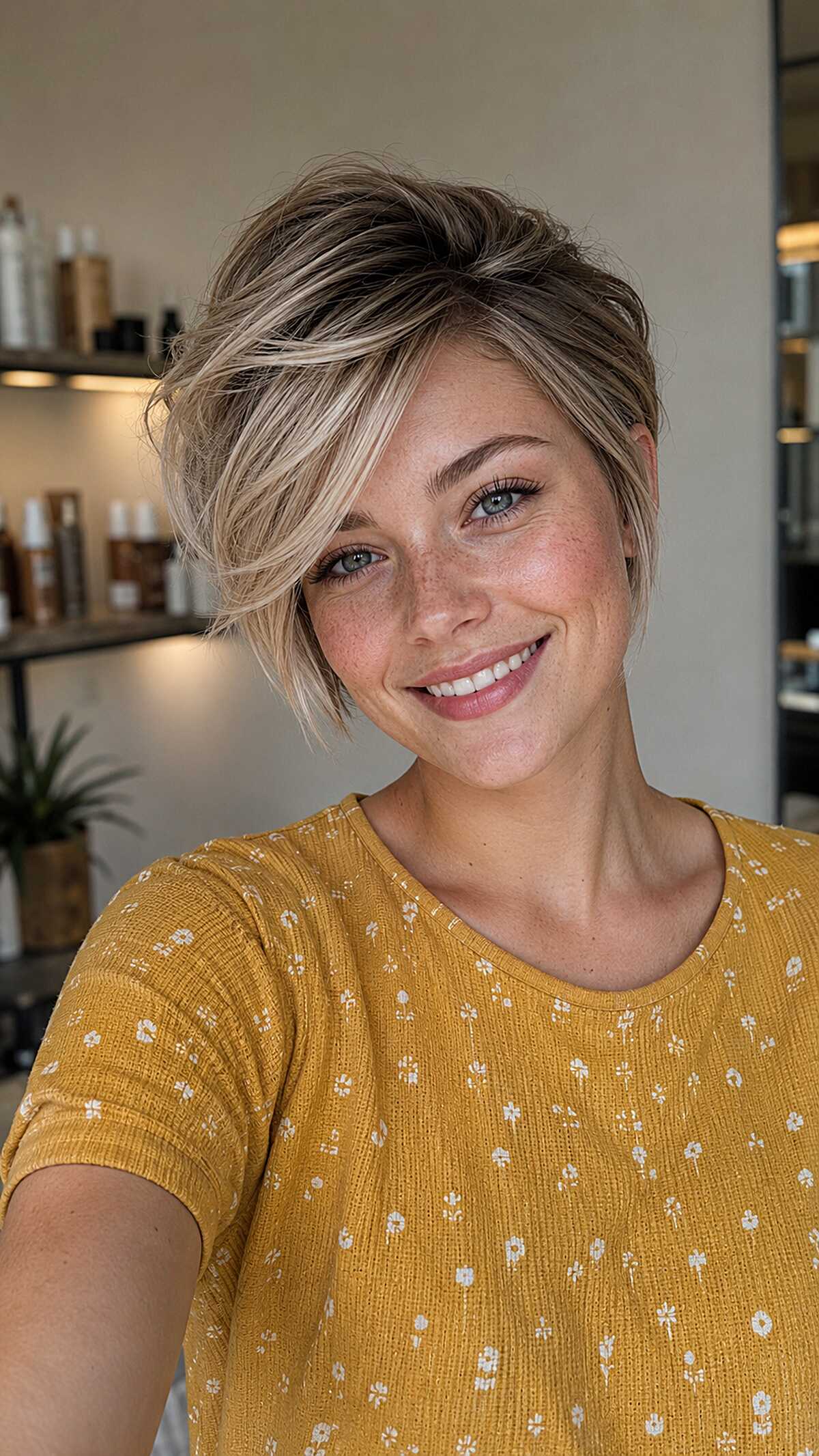 Textured Ash Blonde Pixie Bob with a Cool Root Shadow on Fair Freckled Skin