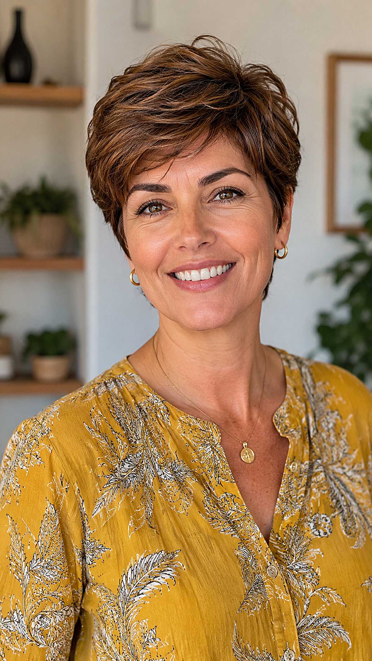 Textured caramel brown pixie with crown volume