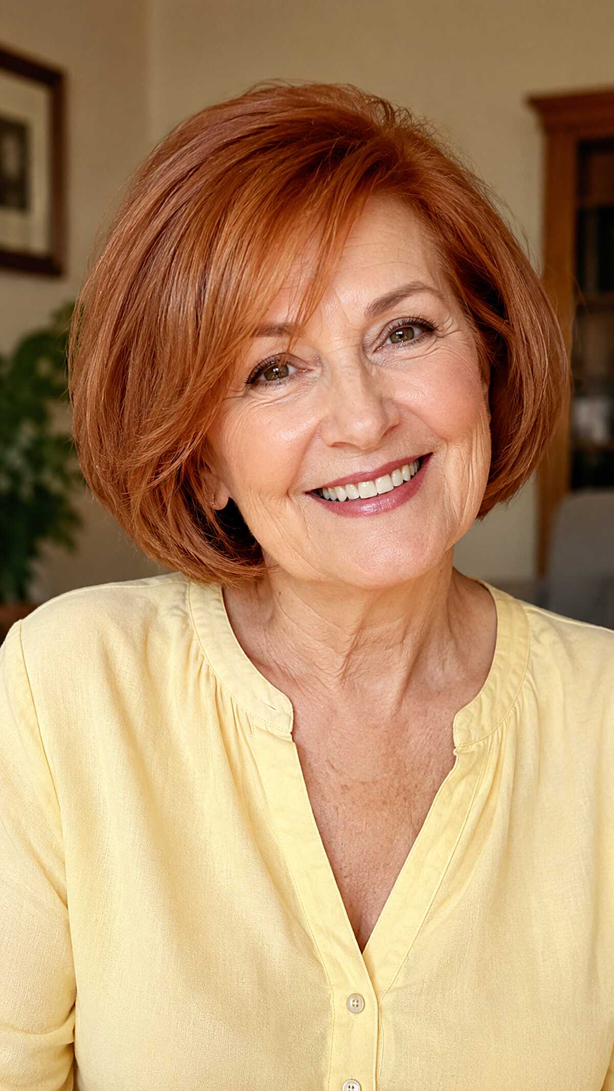 Vibrant copper red stacked bob with volume at crown