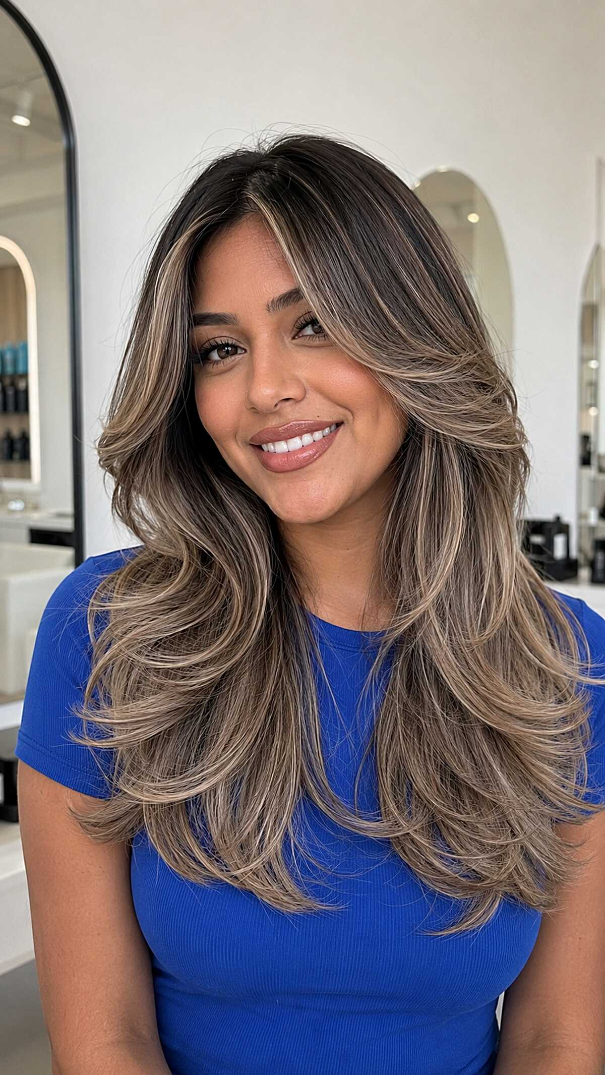 Voluminous Ash Blonde Balayage with Layered Curtain Framing on Tan Skin