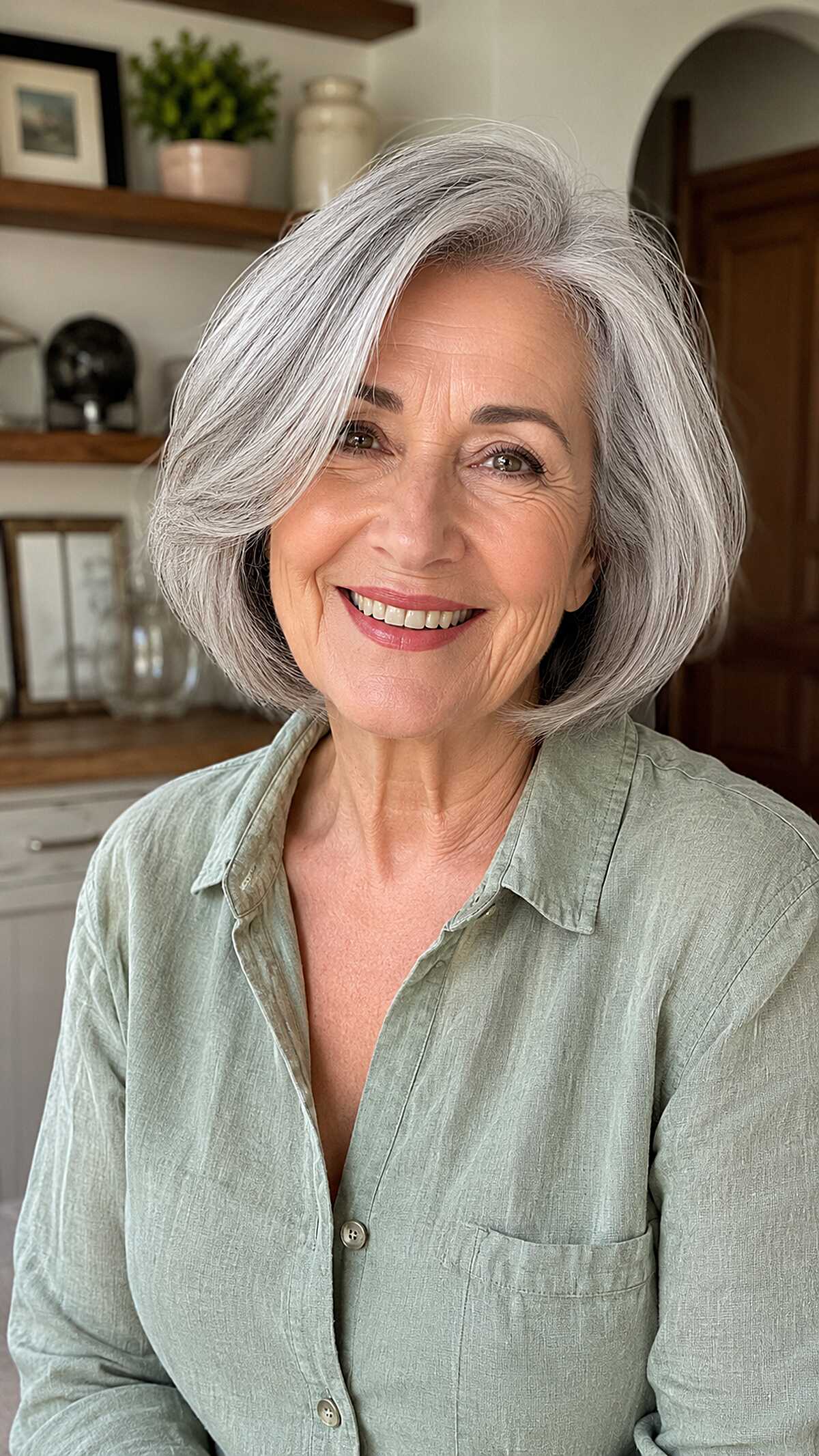 Voluminous salt-and-pepper bob with sweeping side part