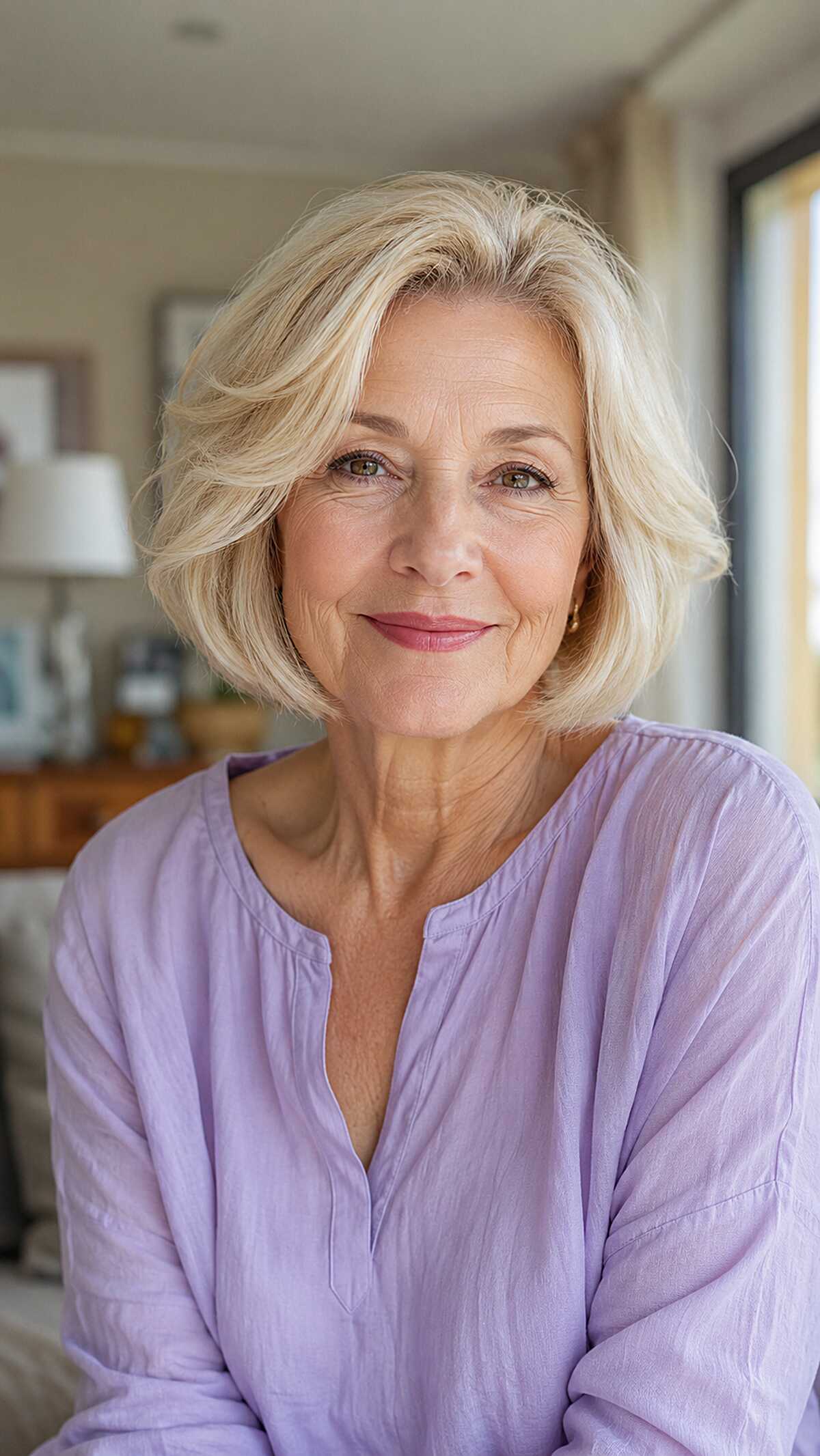 Warm blonde chin-length bob with soft face-framing layers