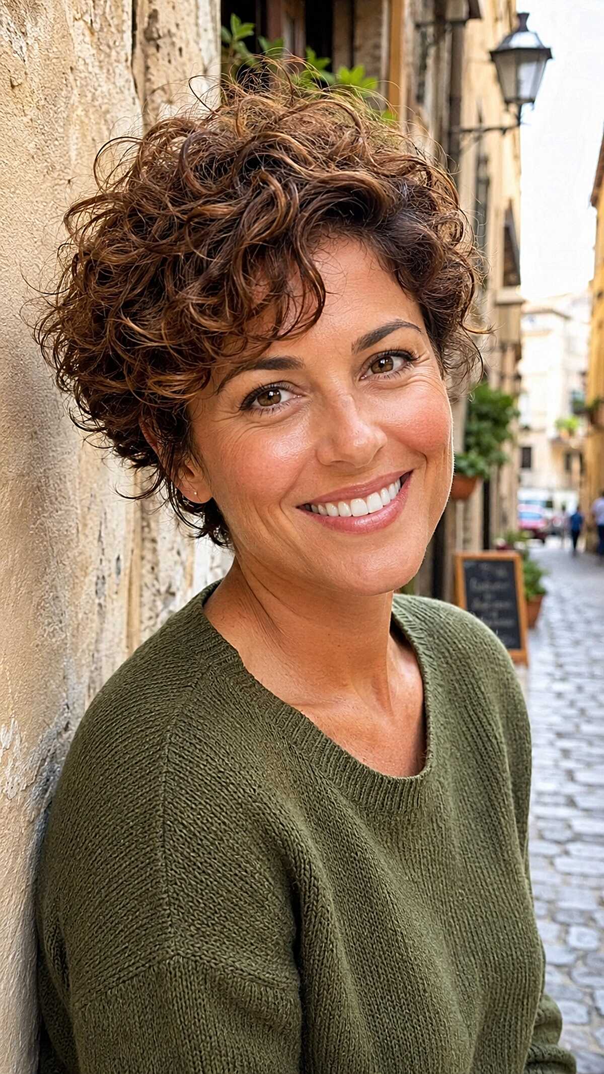 Warm Brunette Curly Pixie with Natural Volume on Top